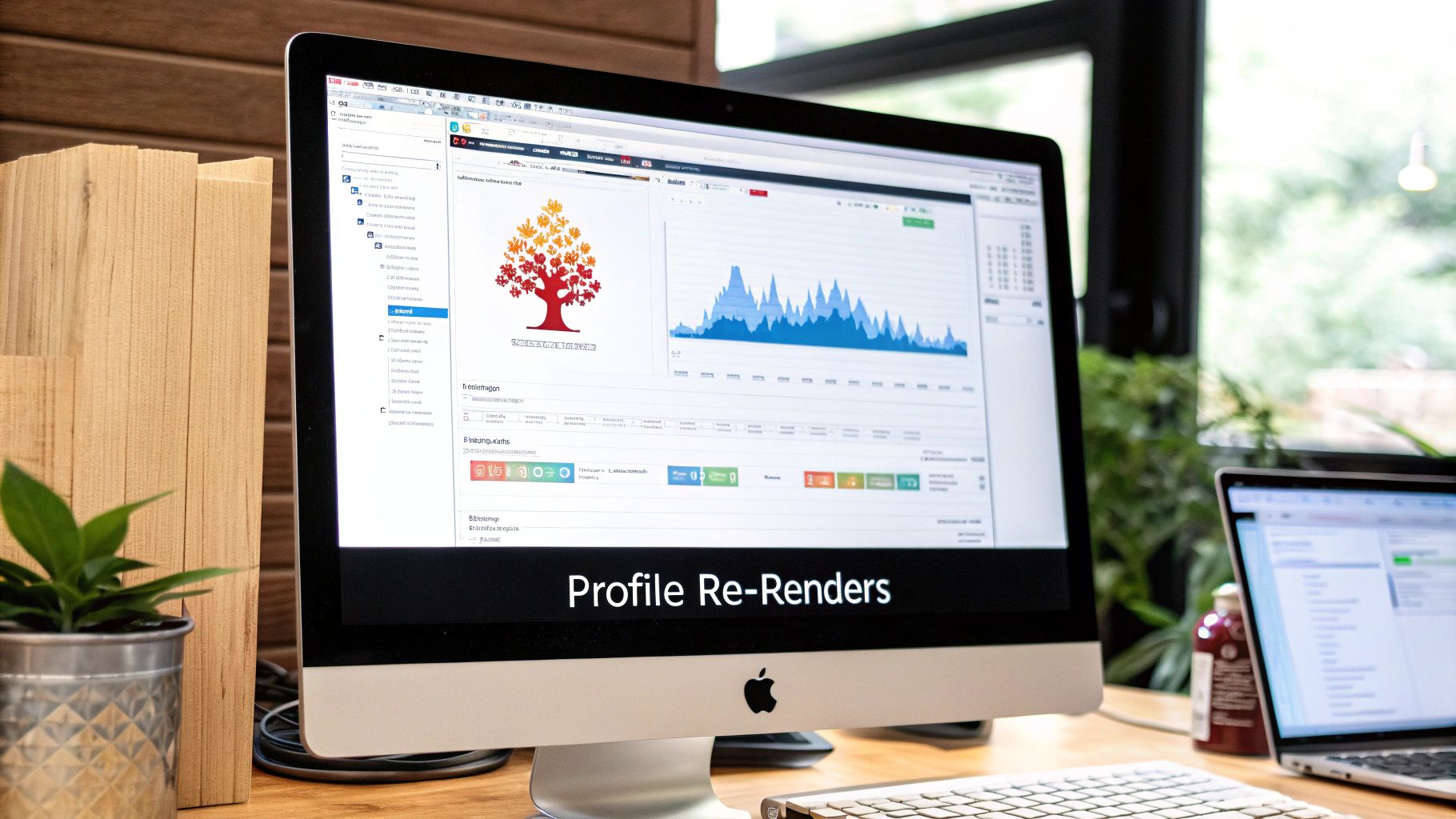 A close-up of an Apple iMac screen displaying data visualizations, graphs, and a tree diagram on a desk.