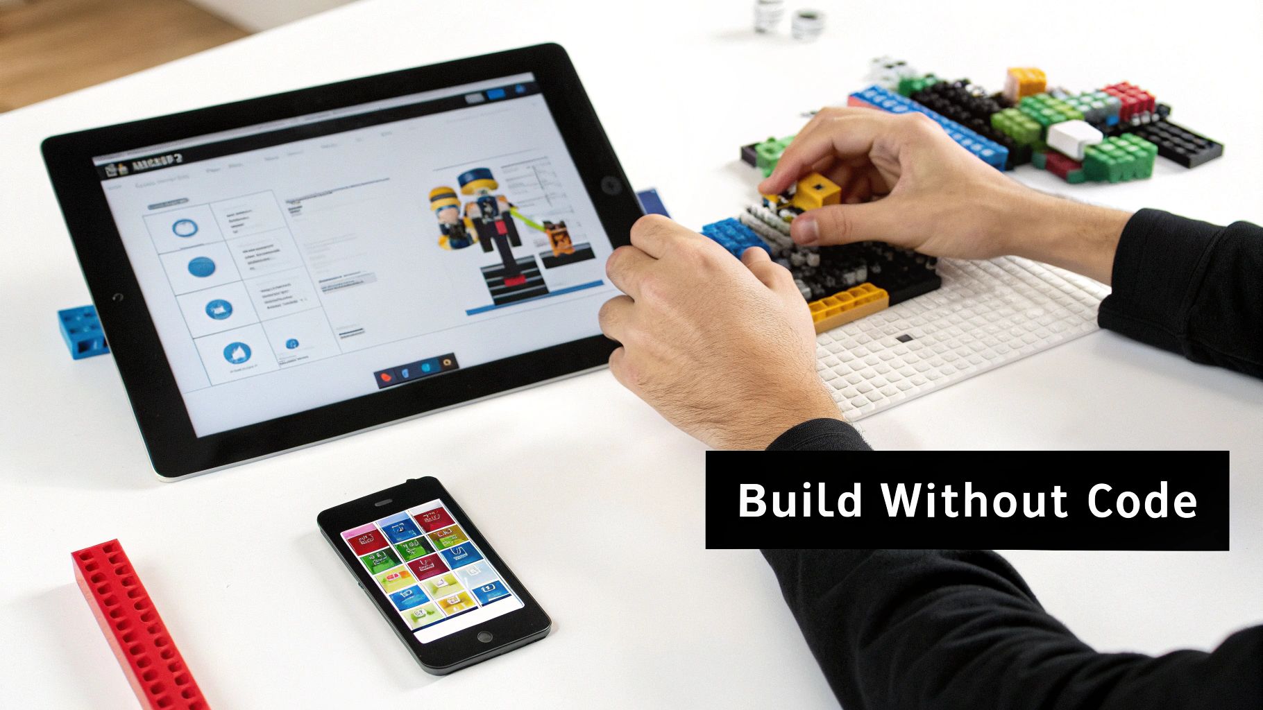 Hands building with colorful blocks on a baseplate, referencing a tablet displaying a visual no-code interface.