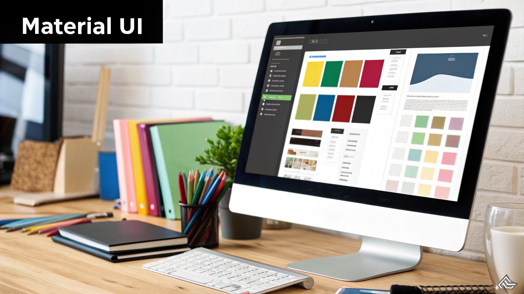 A computer monitor displaying Material UI design components and color palettes on a modern desk.