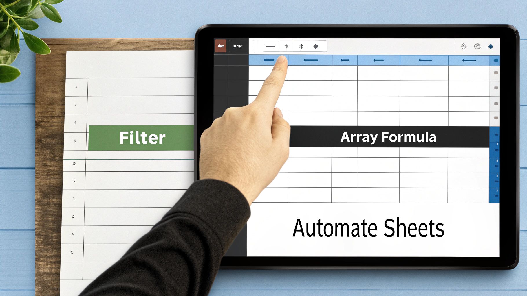 A hand taps a filter icon on a tablet displaying a spreadsheet app with 'Array Formula' and 'Automate Sheets' text.