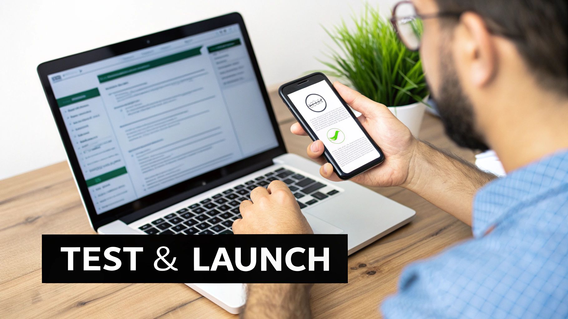 A person testing and launching a business application on a laptop and smartphone.