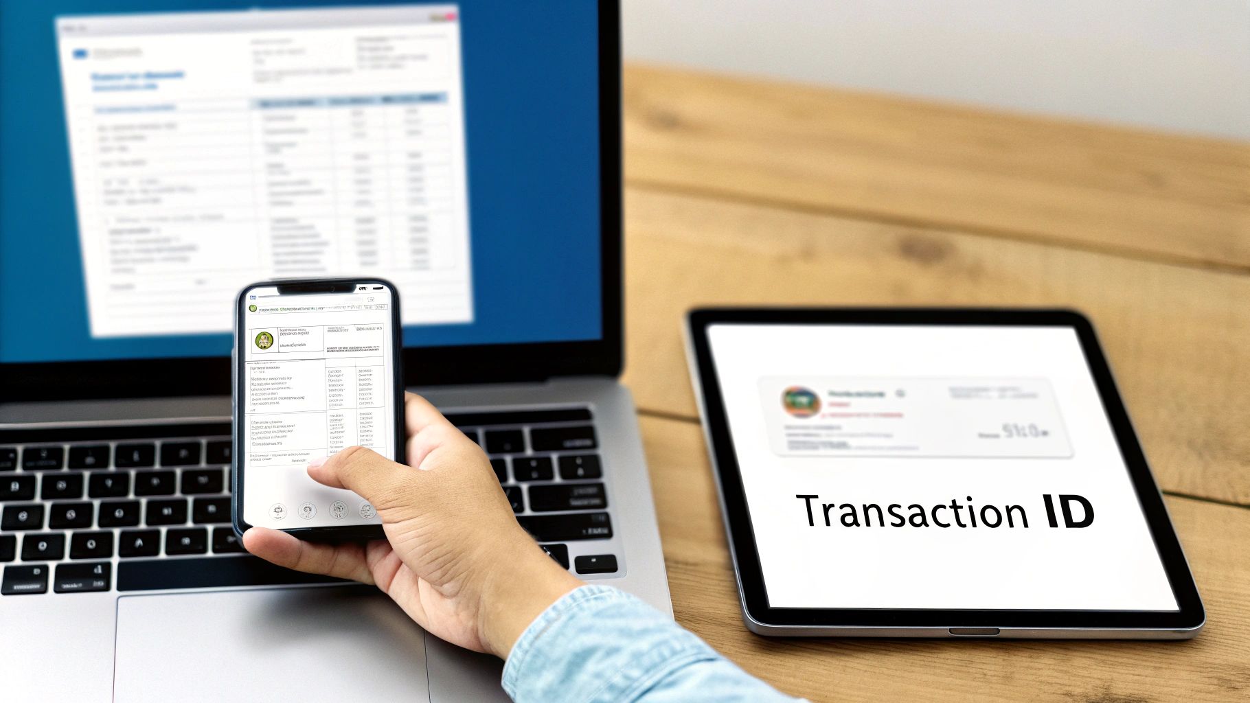 A person uses a smartphone to manage online transactions, with a laptop and tablet displaying financial information, including a transaction ID.