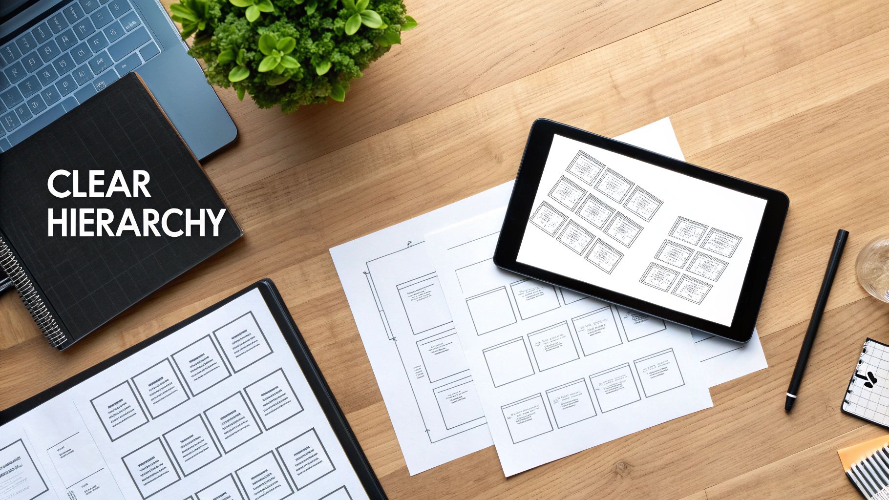 Desk flat lay with design documents, a tablet showing wireframes, and a notebook 'Clear Hierarchy'.