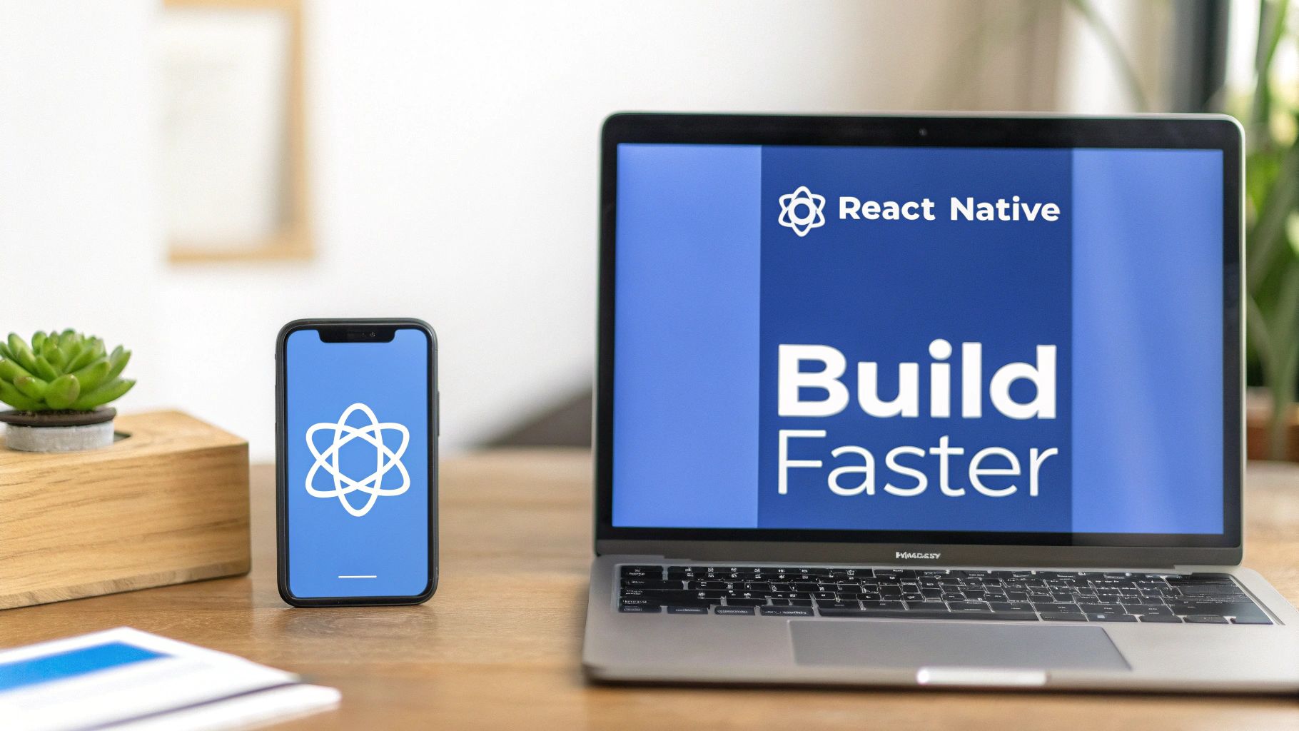 A laptop and smartphone on a wooden desk displaying the React Native logo and 'Build Faster'.