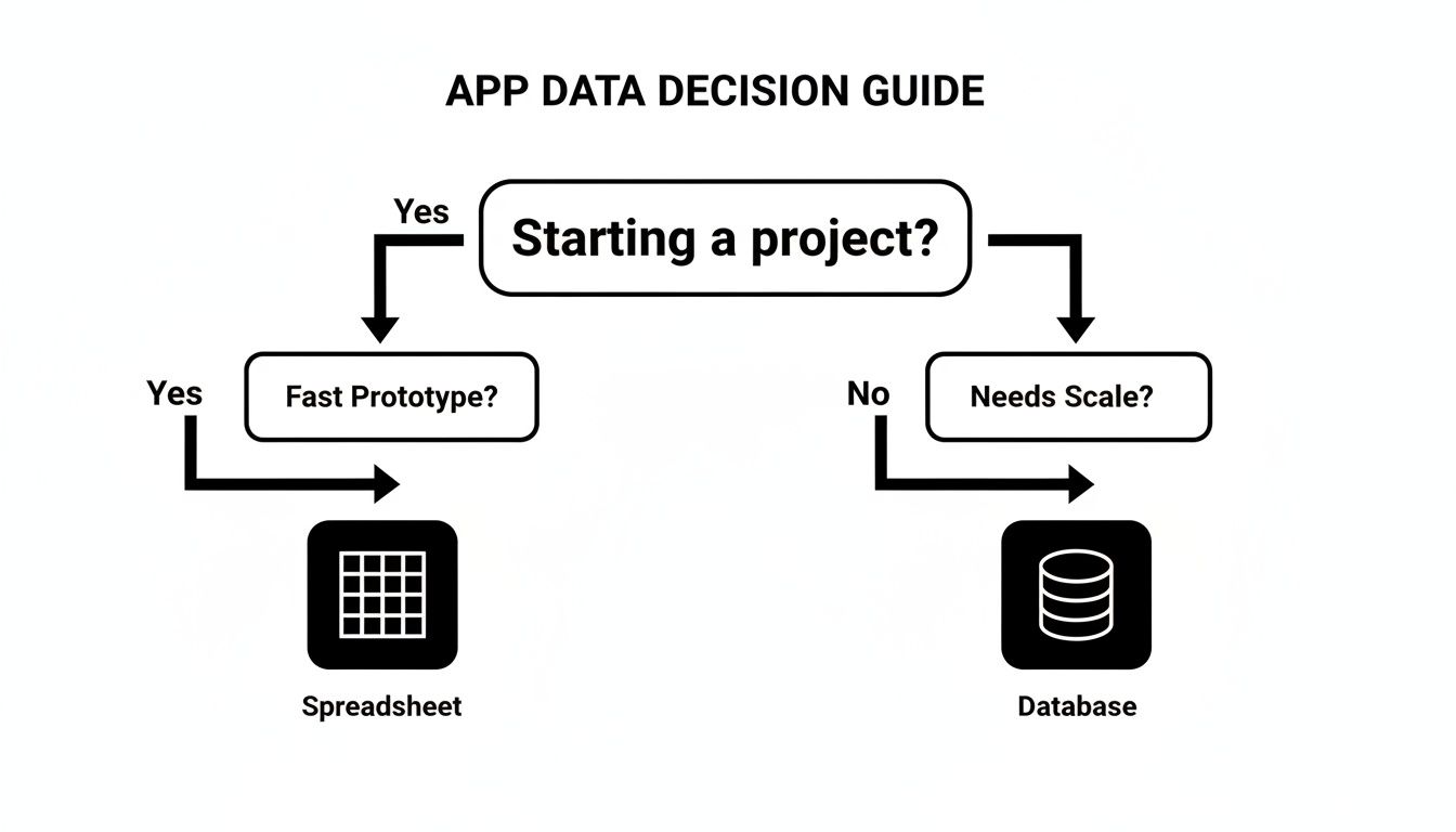 Flowchart for app data decision guide, choosing between spreadsheet and database.