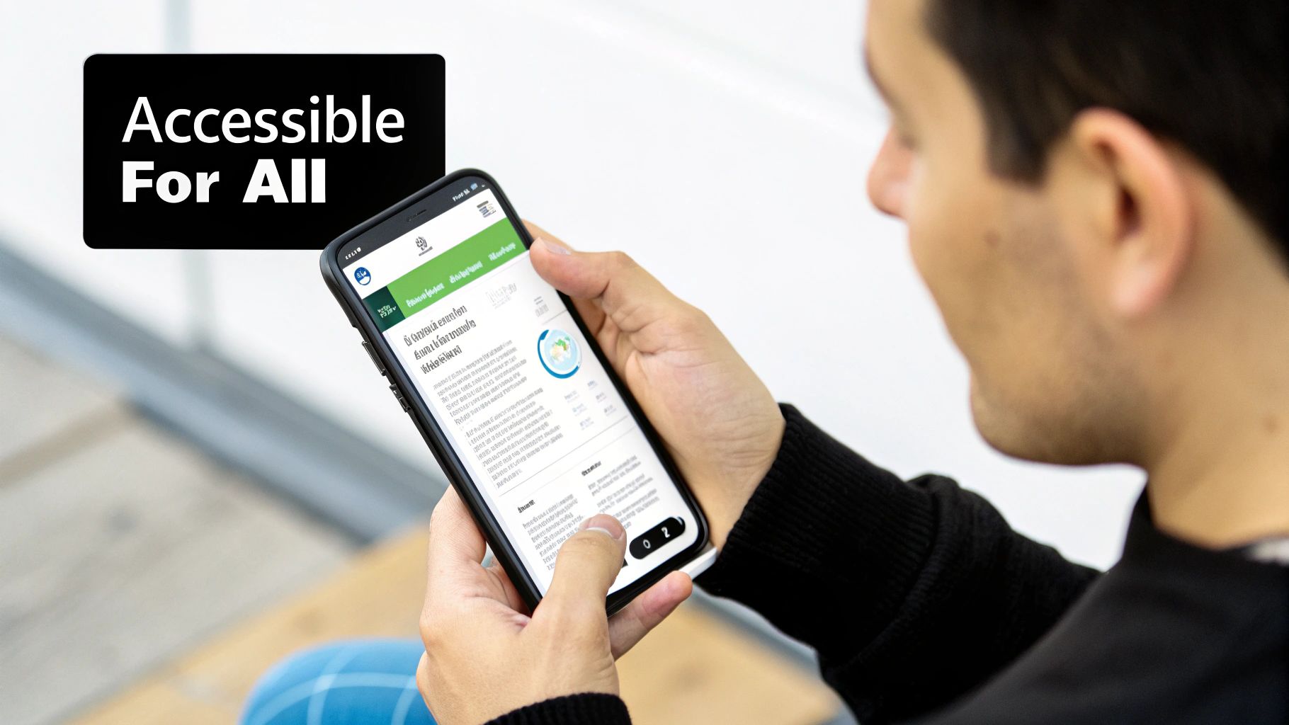 Hands interacting with a mobile app interface on a smartphone, next to an 'Accessible For All' sign.