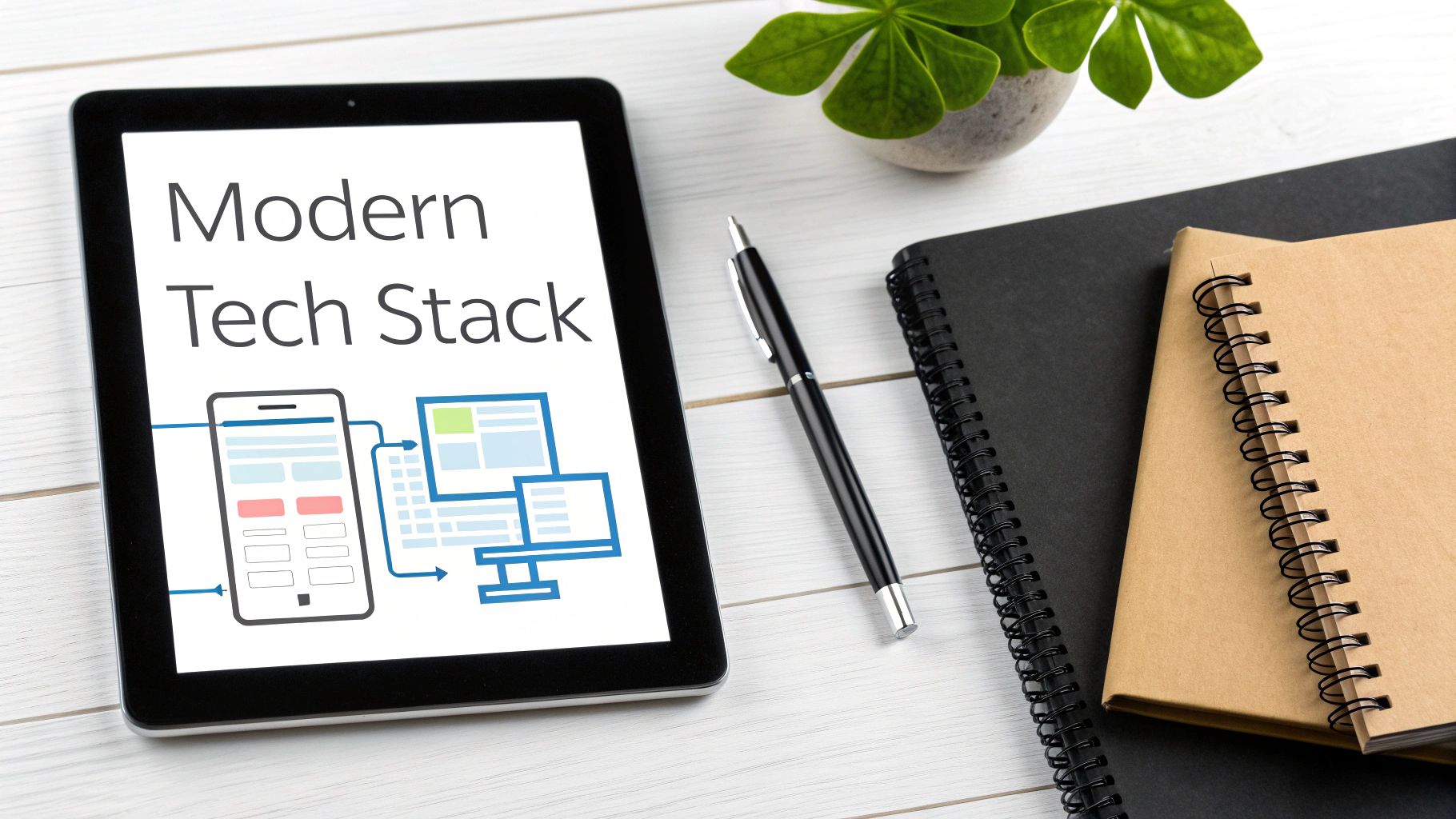 A tablet displaying a 'Modern Tech Stack' diagram, alongside a pen and notebooks on a white wooden desk.