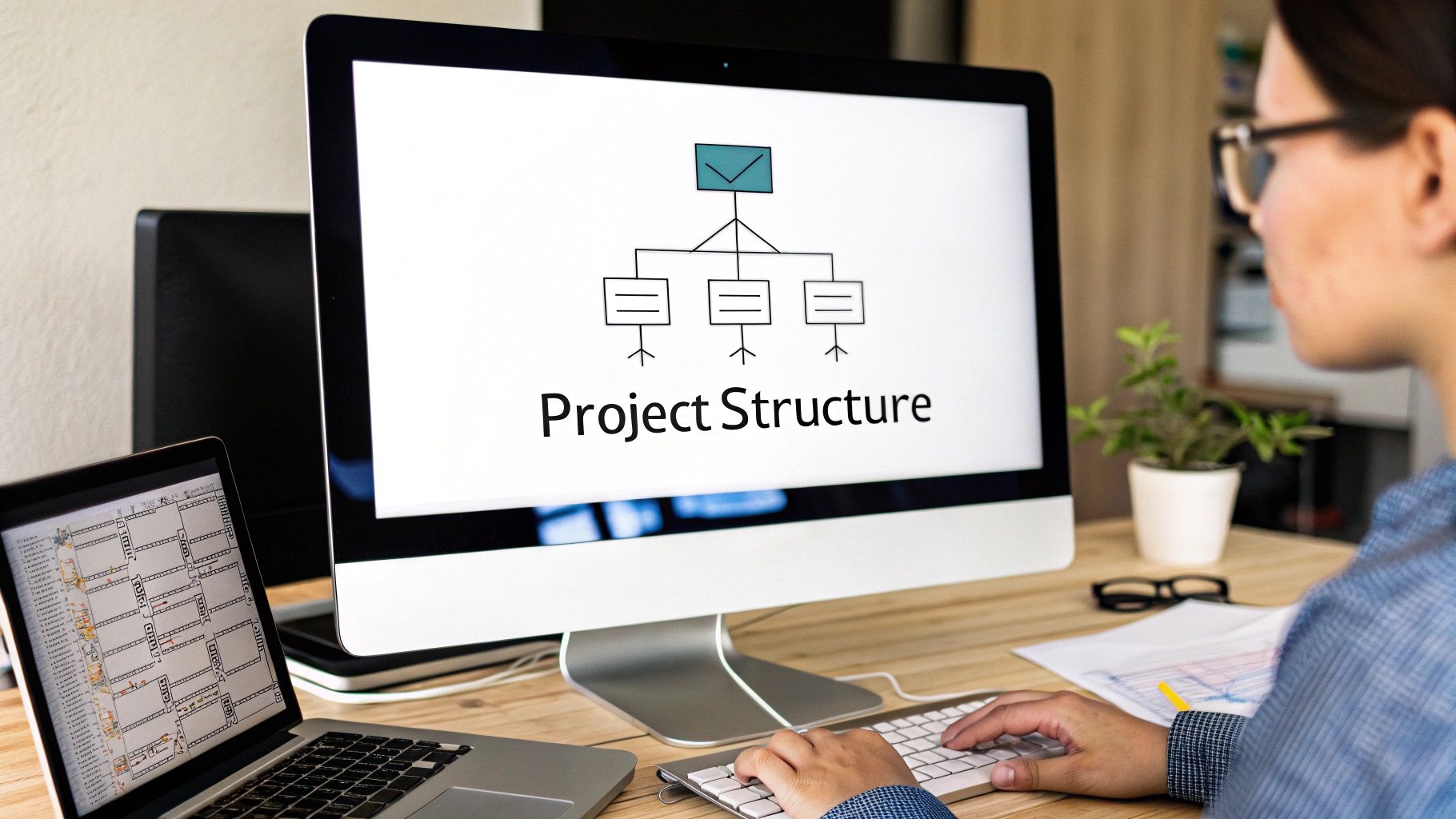 Person at desk looking at monitor with 'Project Structure' diagram, typing on keyboard, laptop open.