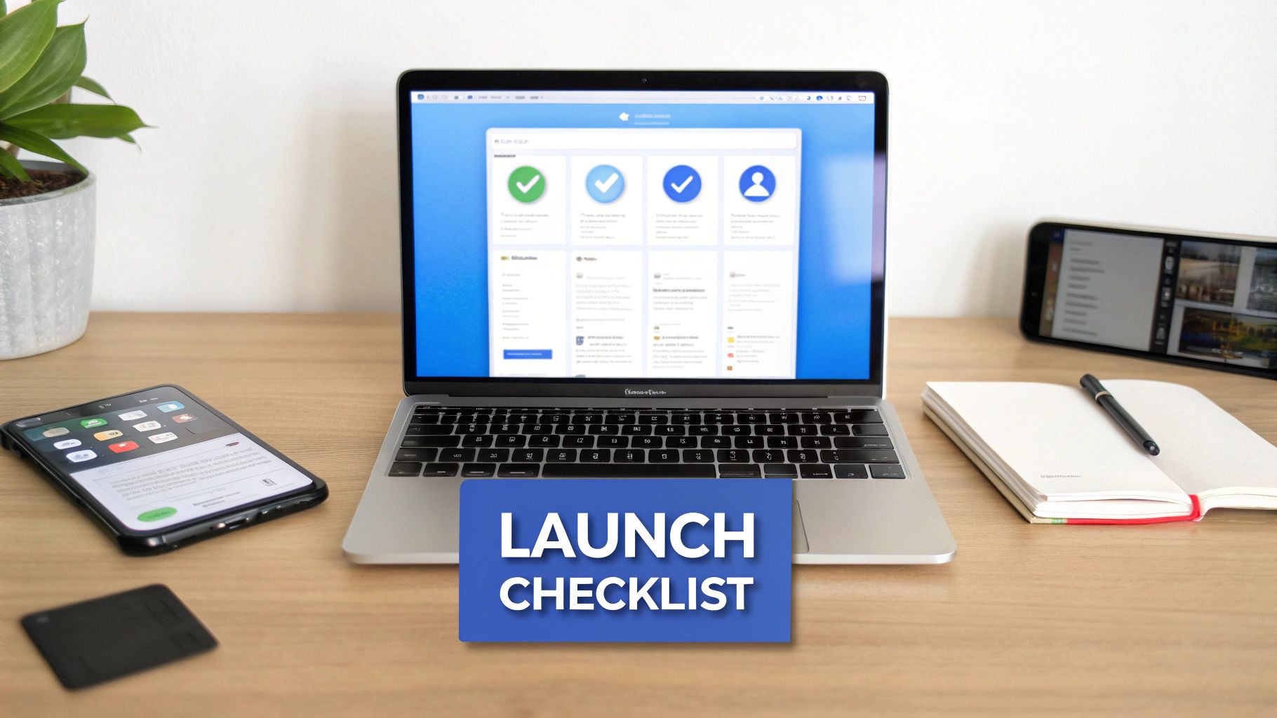 A laptop displaying a launch checklist on a wooden desk, surrounded by smartphones and a notebook.
