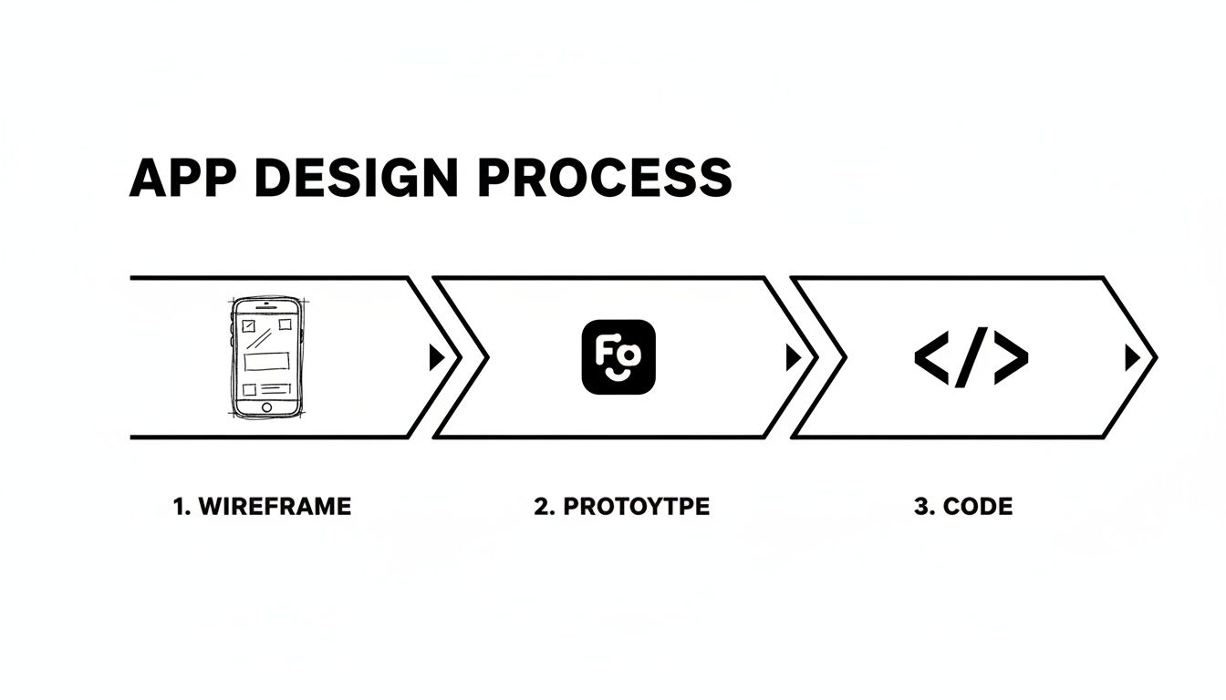A three-step app design process flowchart illustrating wireframing, prototyping with Figma, and coding phases.