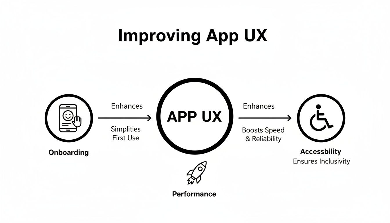 Diagram illustrating how onboarding, performance, and accessibility enhance overall app user experience.