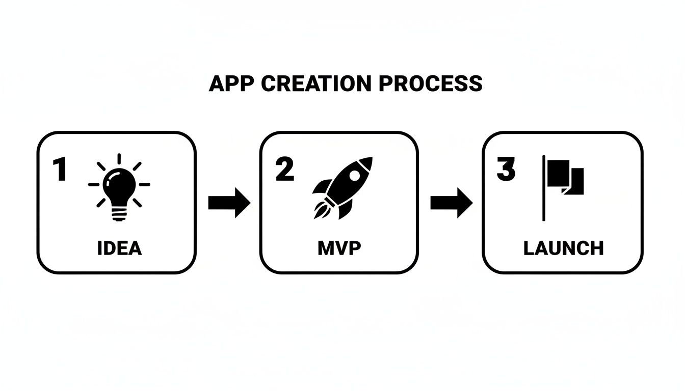 A three-step flowchart illustrating the app creation process: Idea, MVP, and Launch.
