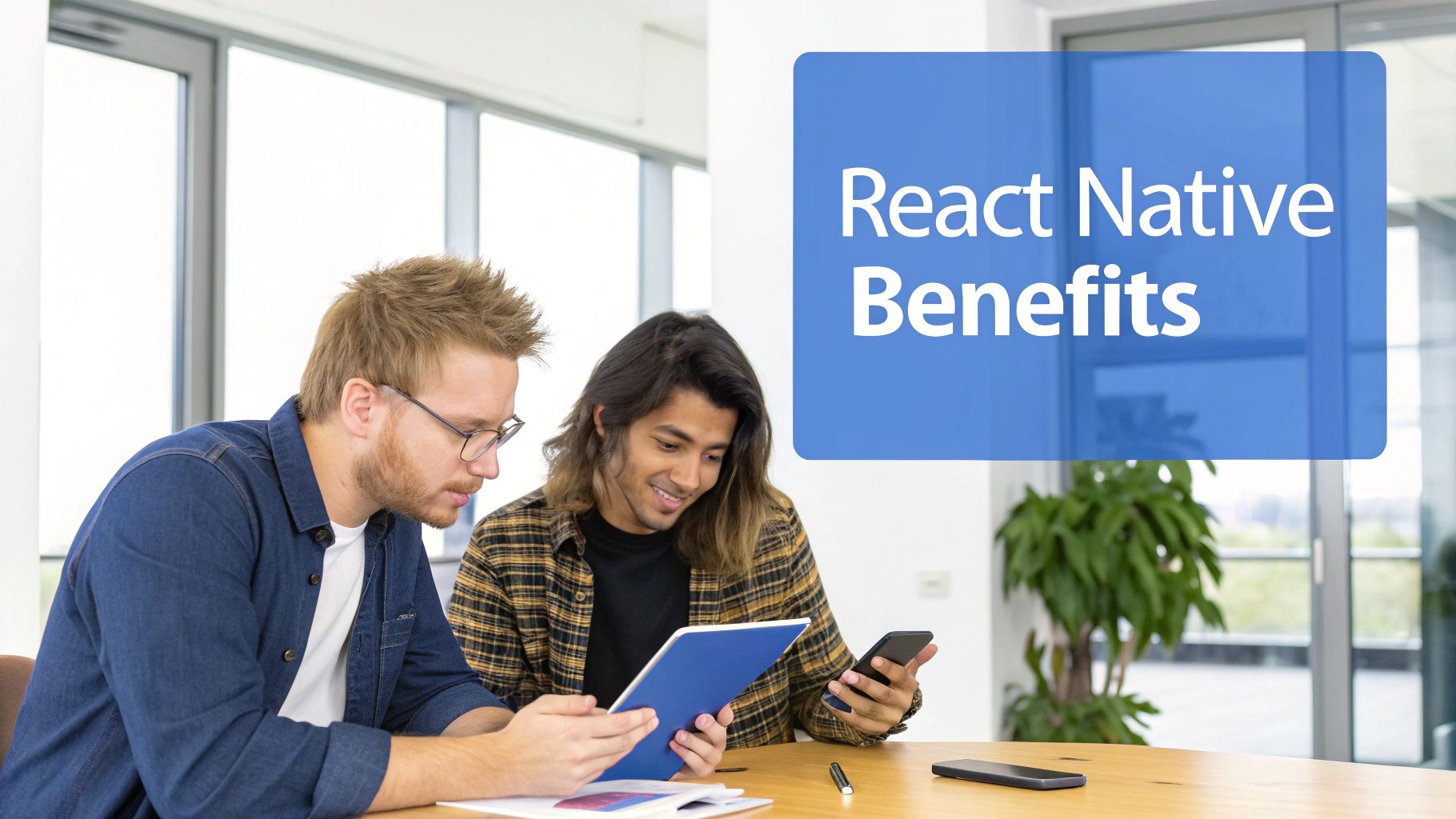 Two men discussing React Native benefits, one holding a tablet, the other a smartphone in an office.