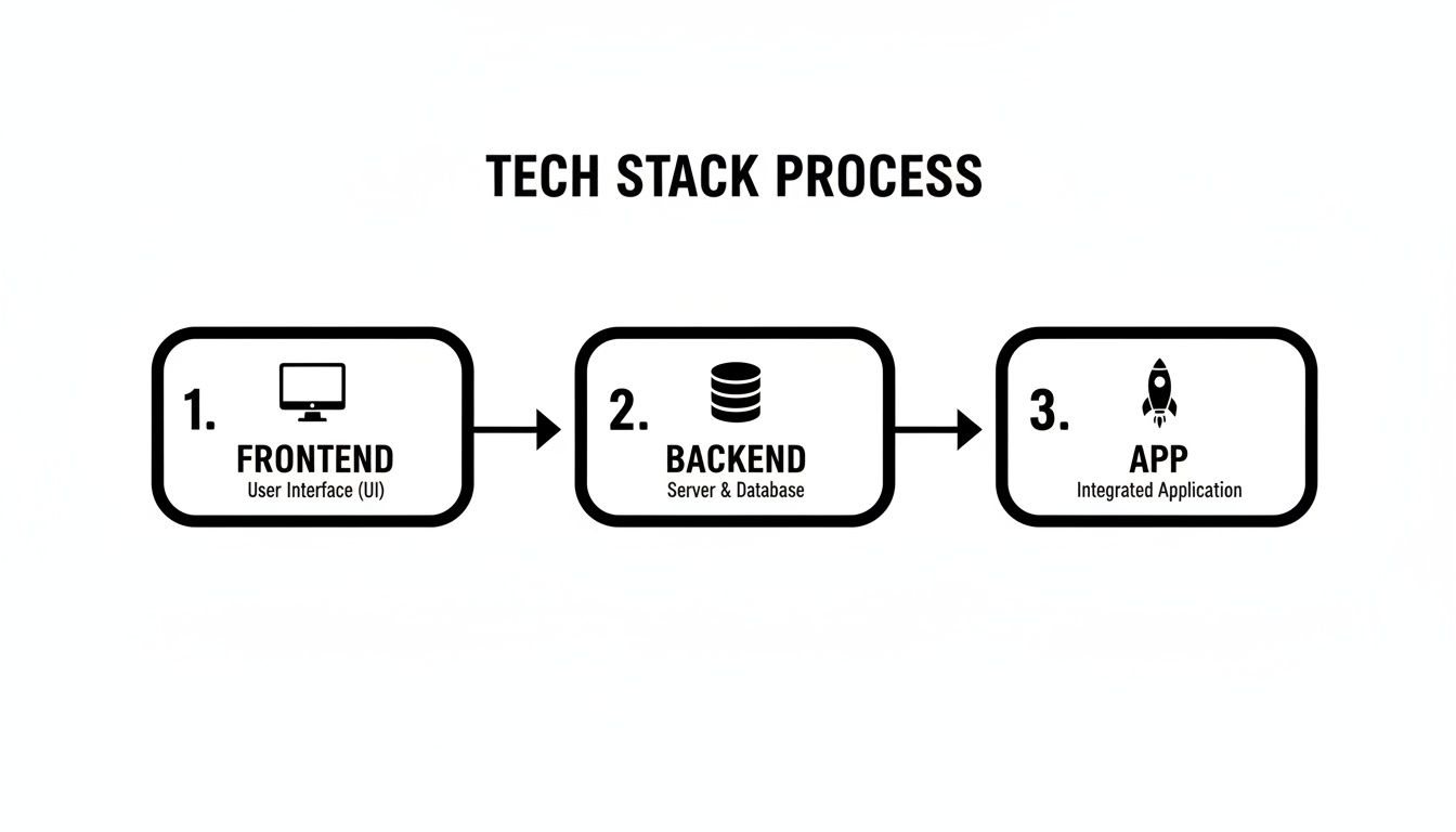 Diagram illustrating the sequential tech stack process: Frontend, Backend, and Integrated Application stages.