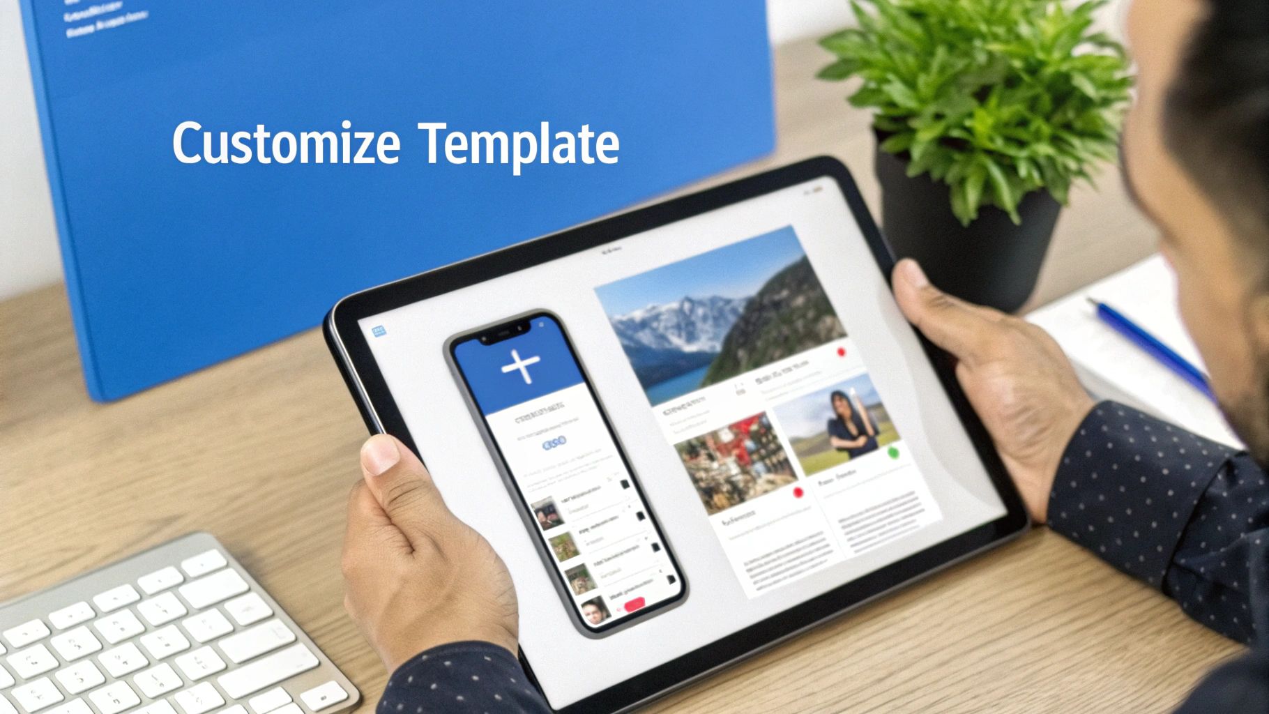 Person holding tablet and smartphone displaying customizable mobile app templates for development