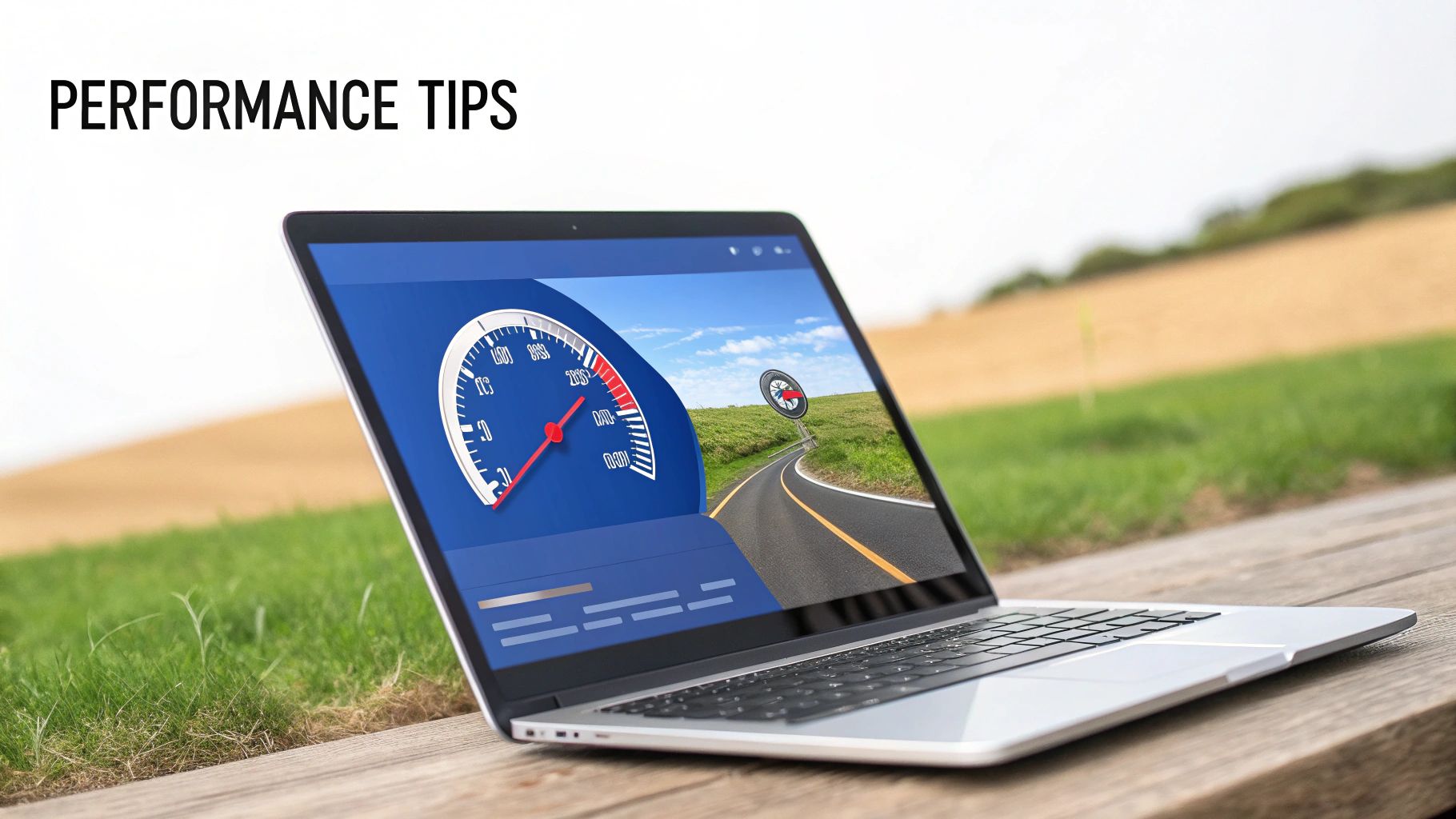 Laptop displaying performance speedometer and road imagery illustrating website speed optimization tips
