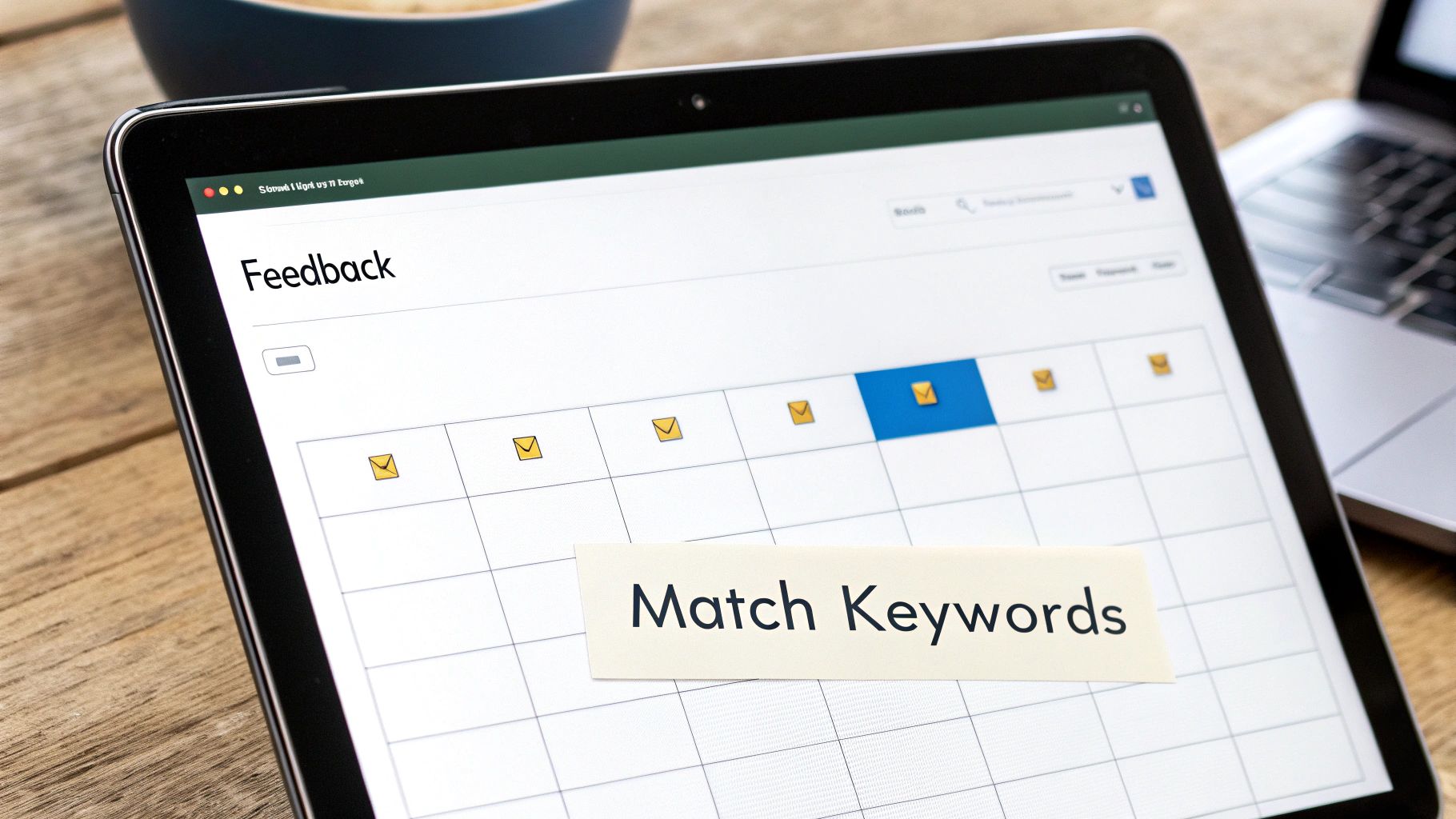 Tablet showing a 'Feedback' screen with a 'Match Keywords' note, indicating data or task management.