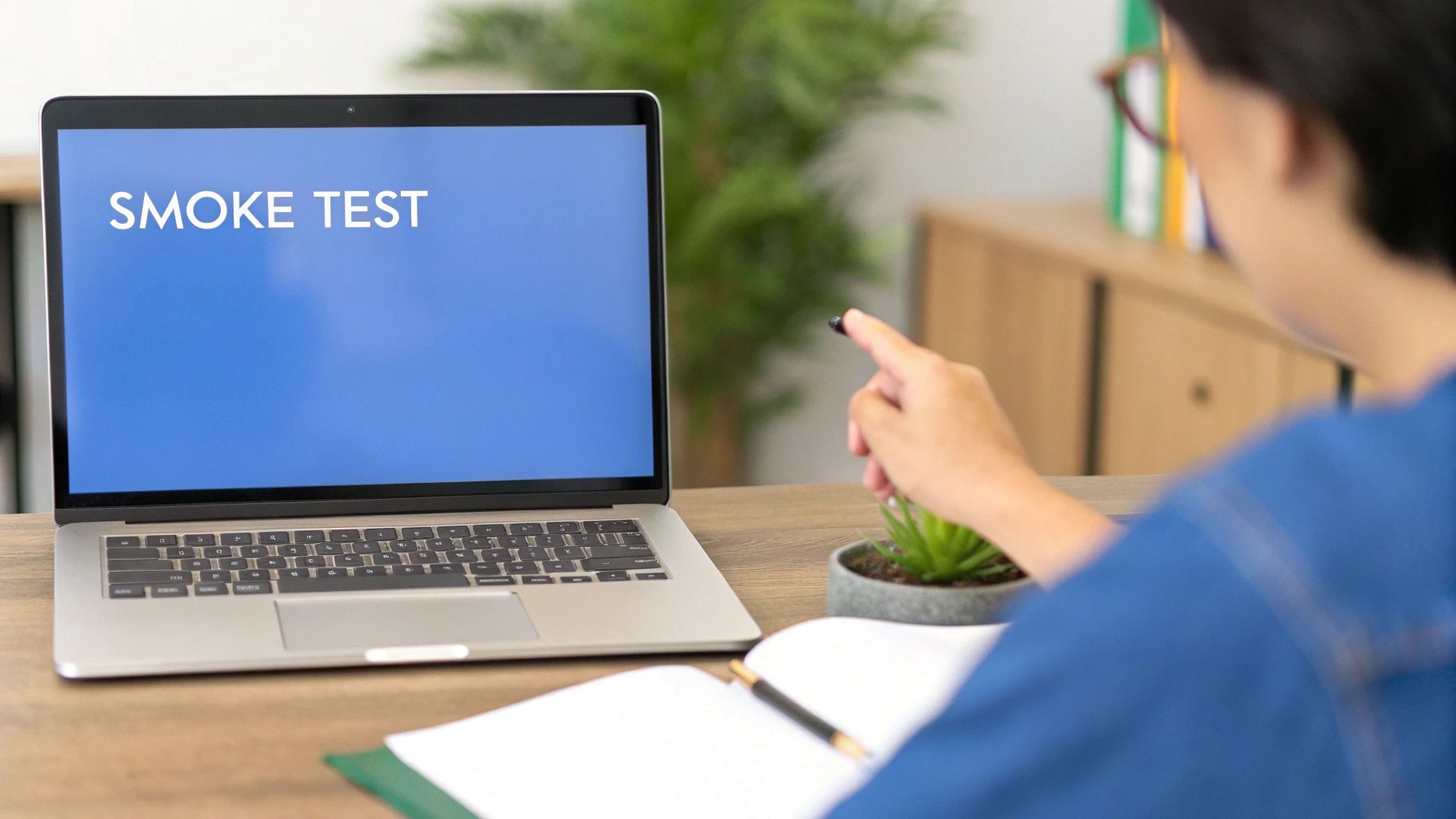 A person points at a laptop screen displaying "SMOKE TEST" on a wooden desk.