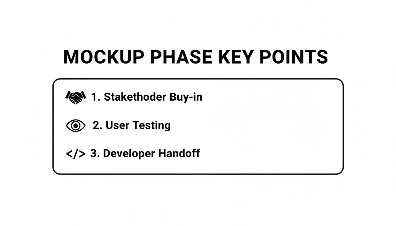 A list of mockup phase key points: Stakeholder Buy-in, User Testing, and Developer Handoff, with icons.