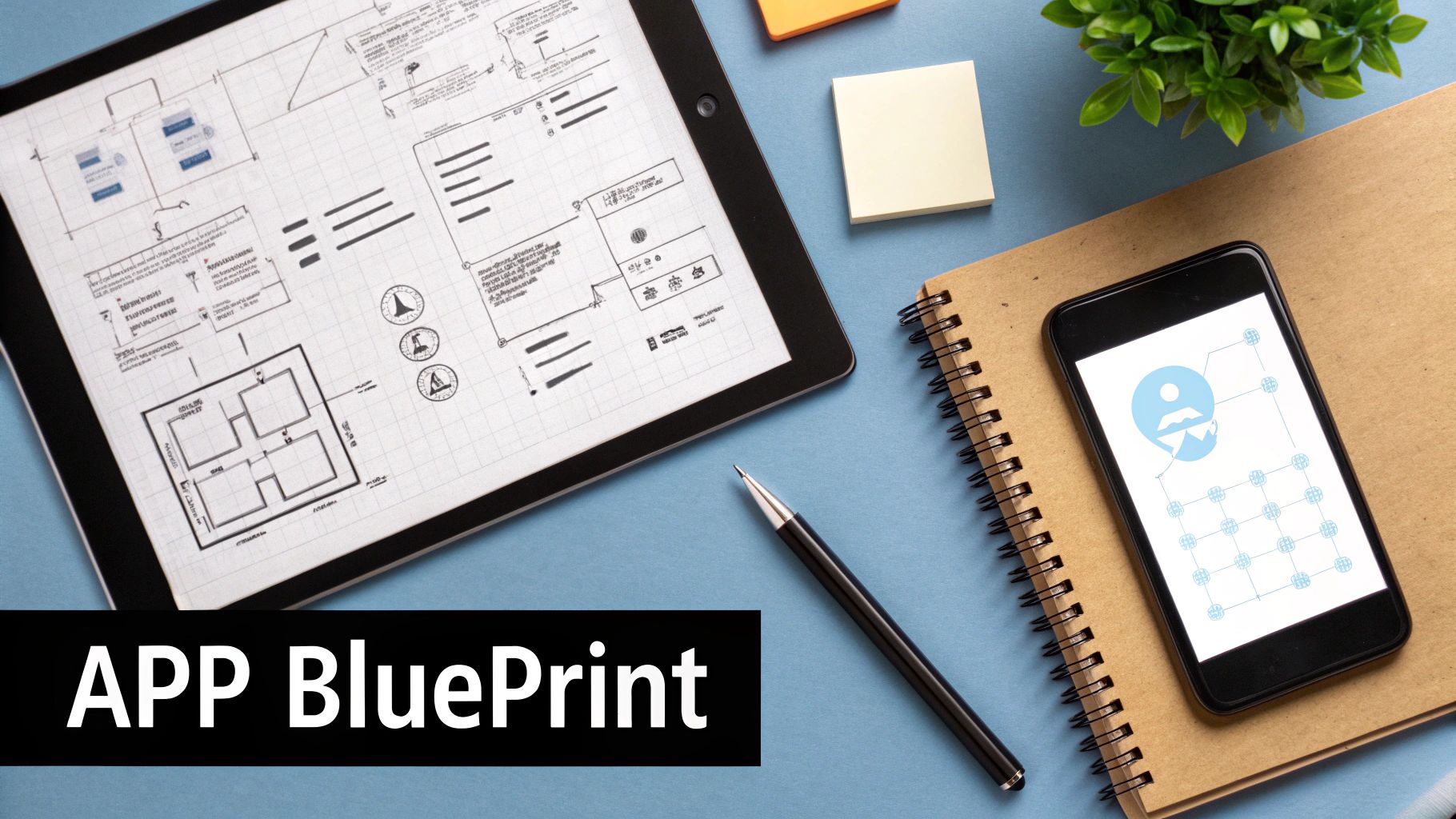 Overhead view of an app development workspace featuring a tablet displaying a blueprint and a smartphone.