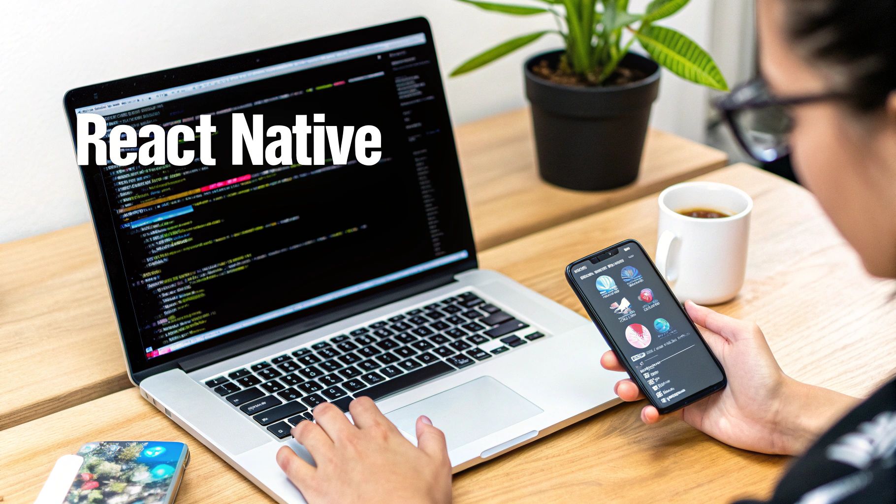 A person codes on a laptop with "React Native" text, while holding a smartphone displaying an app.