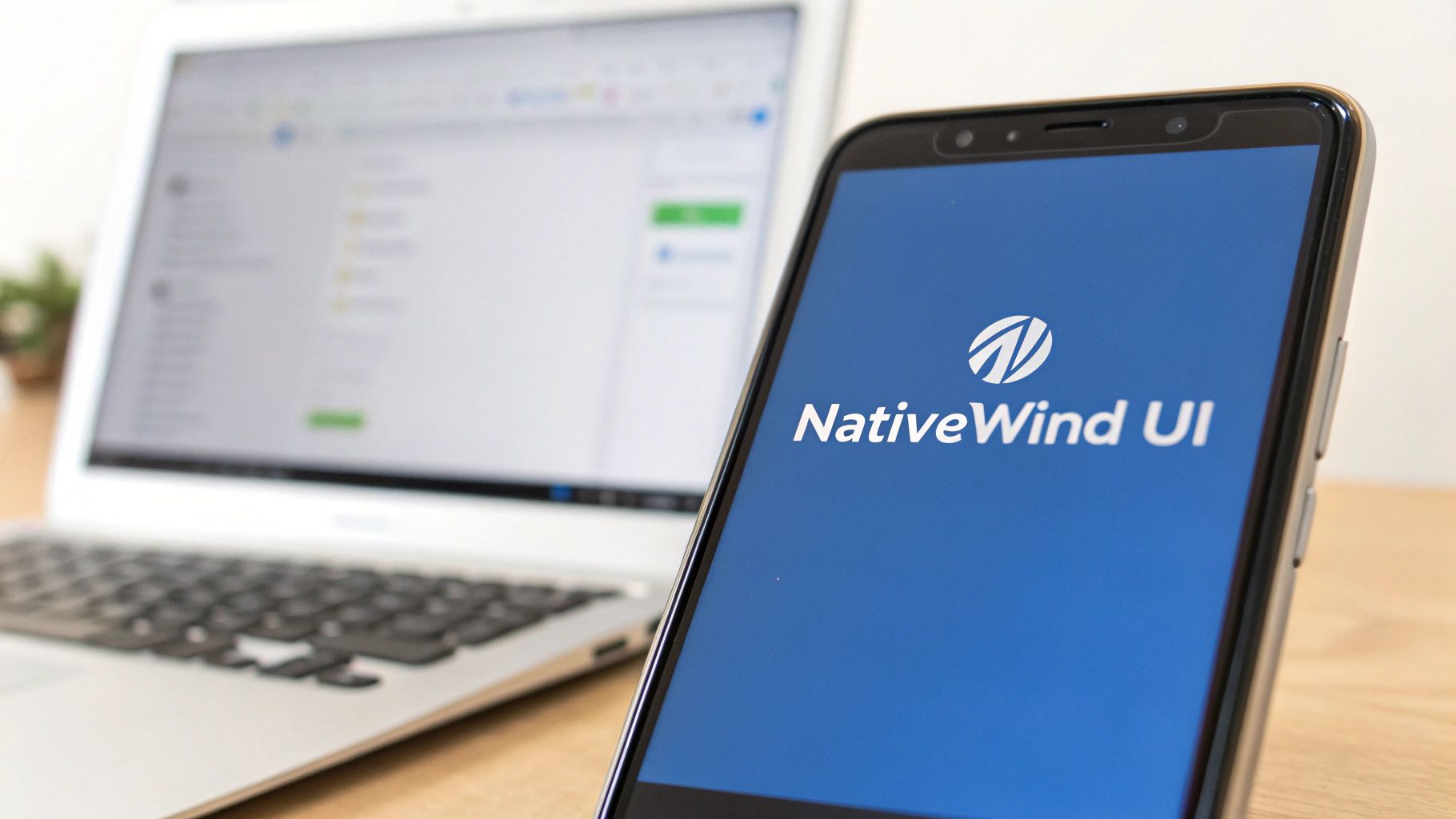 Smartphone displaying NativeWind UI framework logo on blue screen next to laptop for mobile development