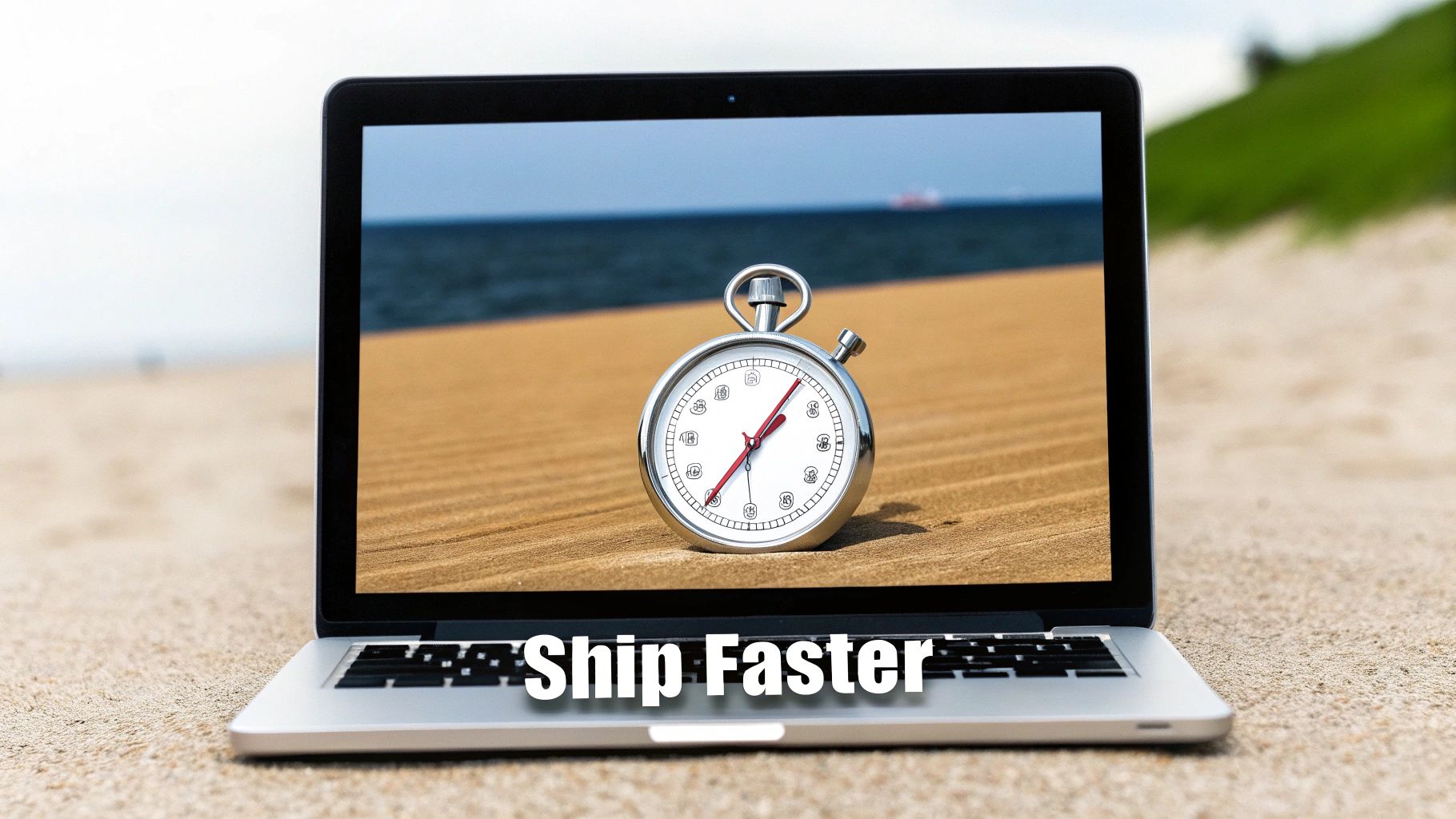 A laptop on a sandy beach displaying a stopwatch on its screen, with 'Ship Faster' text.
