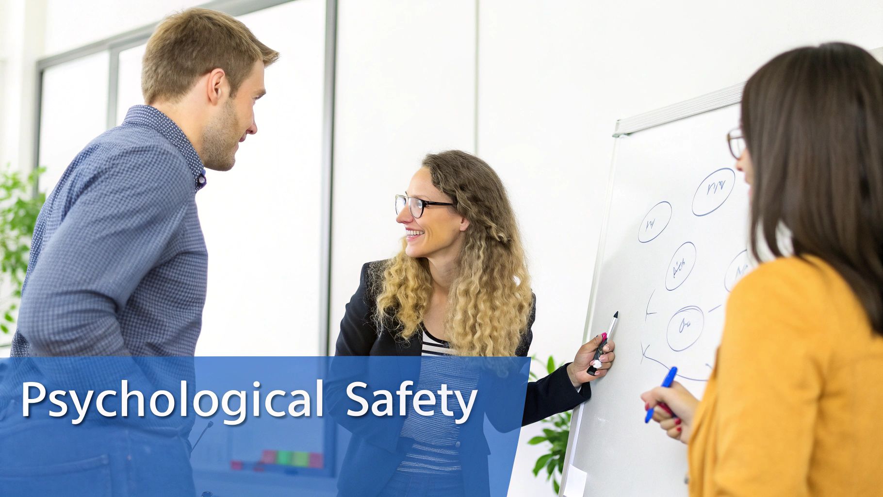 Three professionals collaborating at whiteboard discussing psychological safety in workplace team meeting