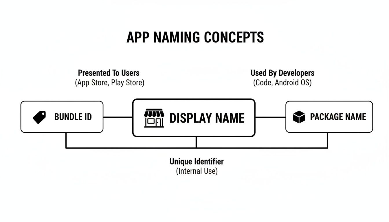 Diagram illustrating app naming concepts: Display Name for users, Bundle ID, and Package Name for developers.