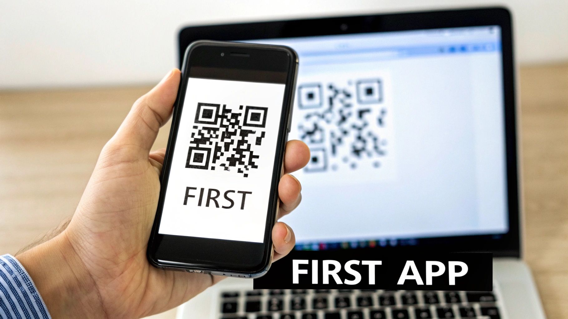 A hand holds a smartphone displaying a QR code and 'FIRST', with a laptop showing another QR code.