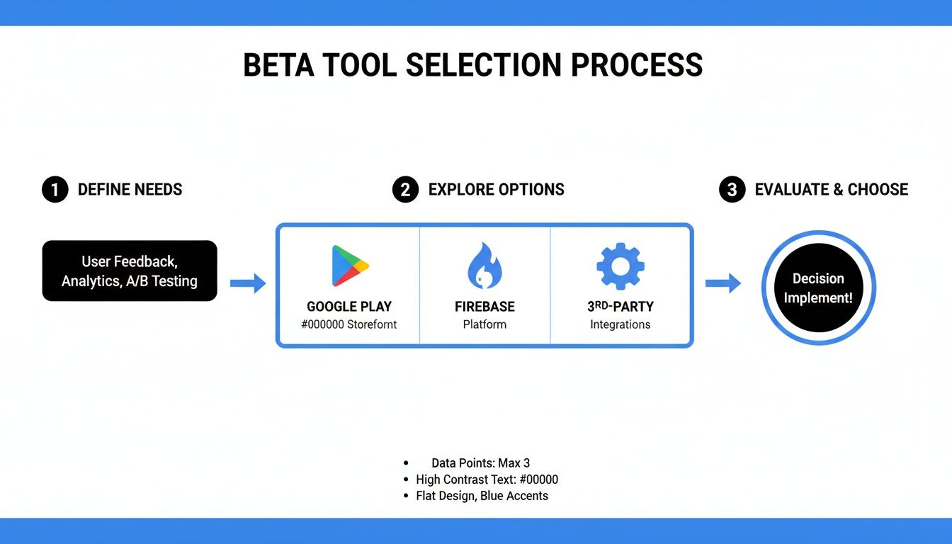 Flowchart illustrating a beta tool selection process, from defining needs to evaluating options and implementing a decision.
