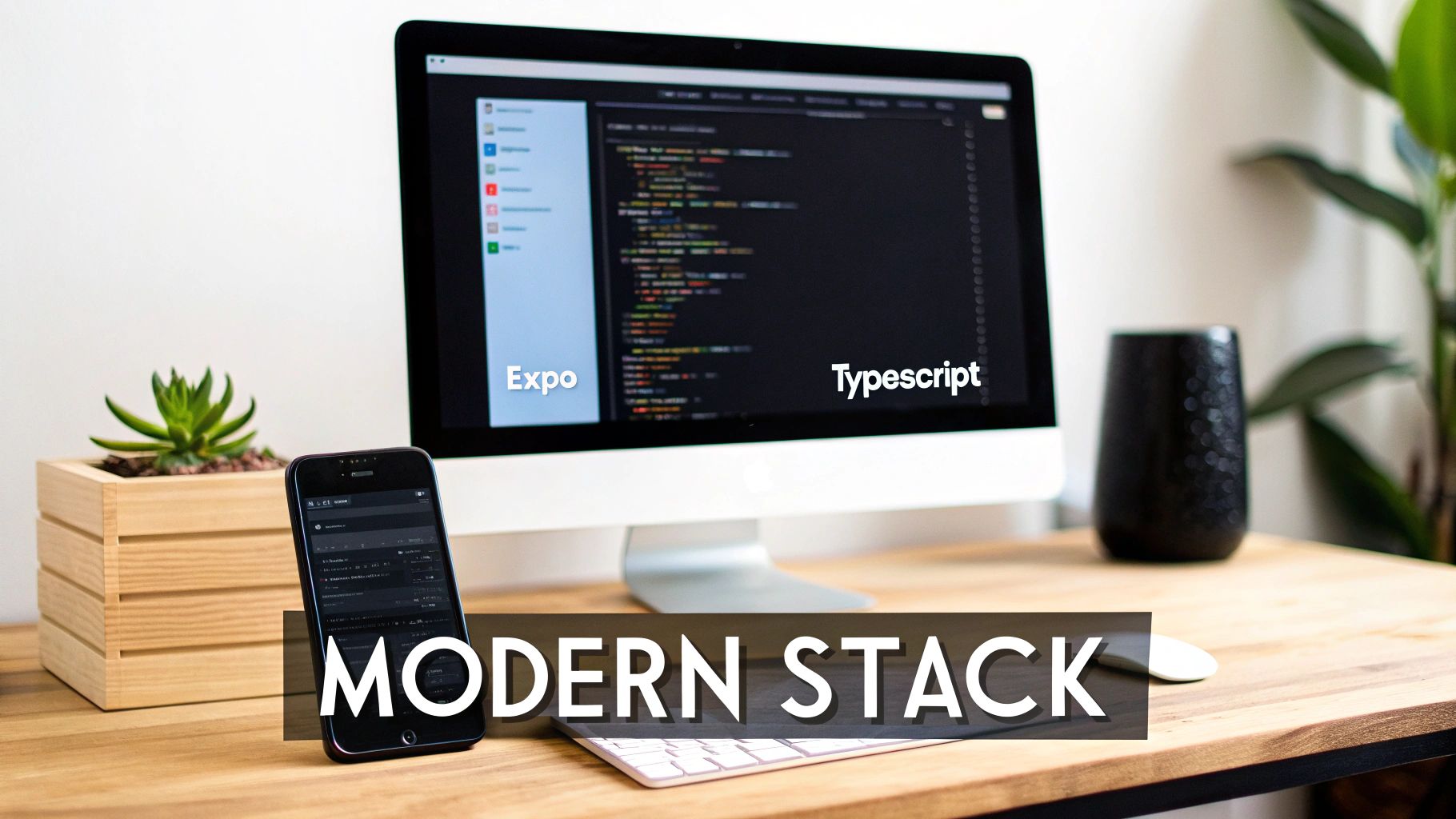 A modern developer's desk setup with a monitor showing TypeScript and Expo code, a smartphone, and plants.