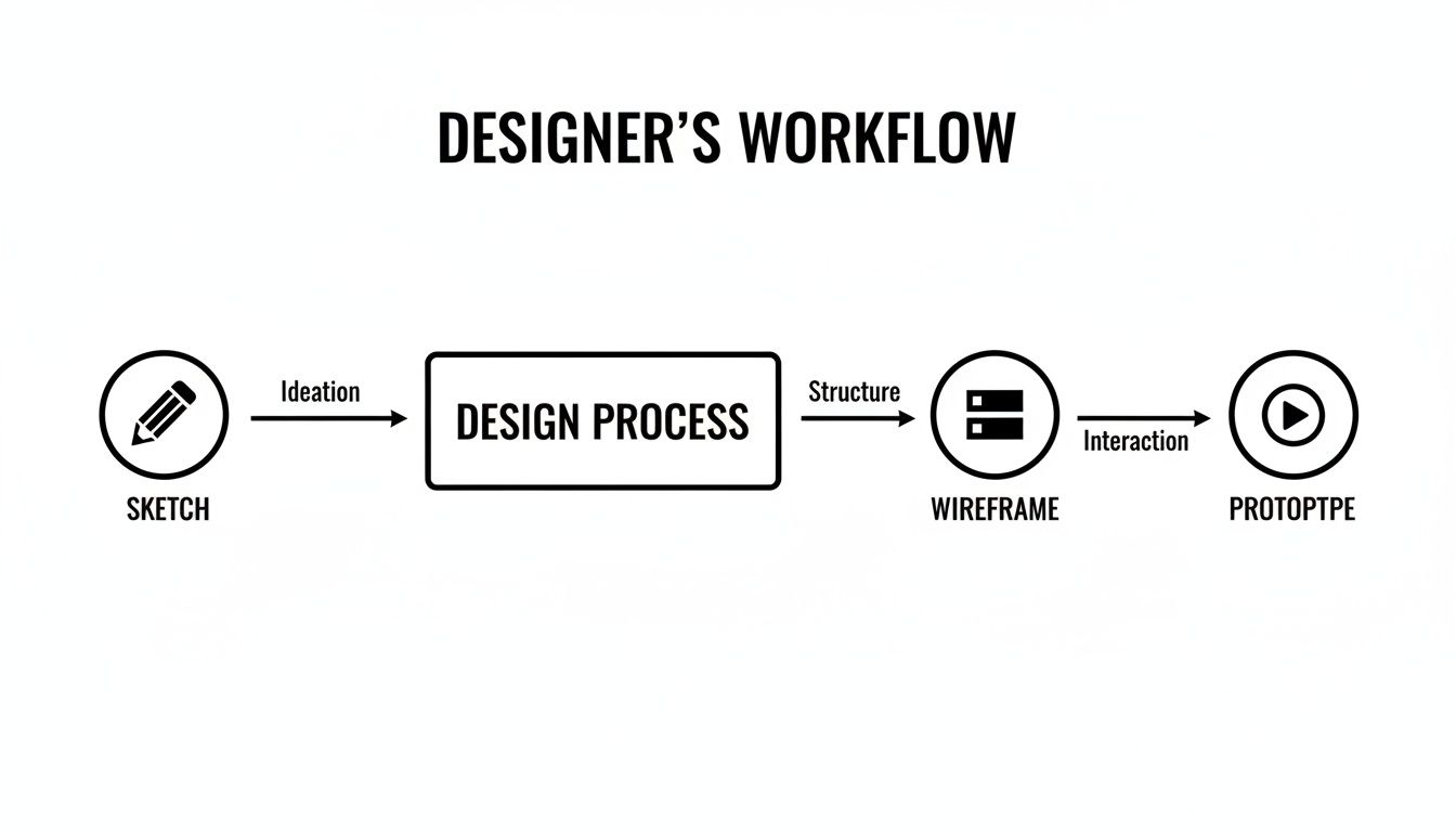A flowchart illustrates a designer's workflow, showing stages: Sketch, Design Process, Wireframe, and Prototype.