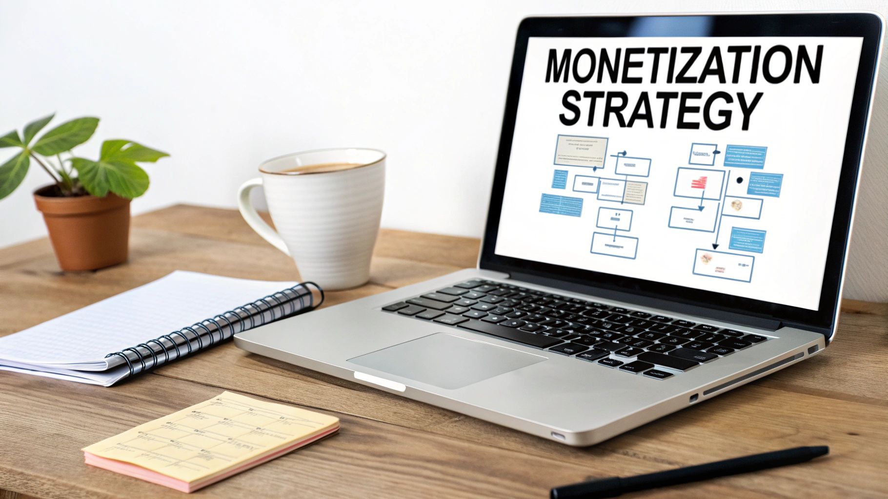 Monetization strategy displayed on a laptop screen with a coffee cup and notebook on a wooden table.