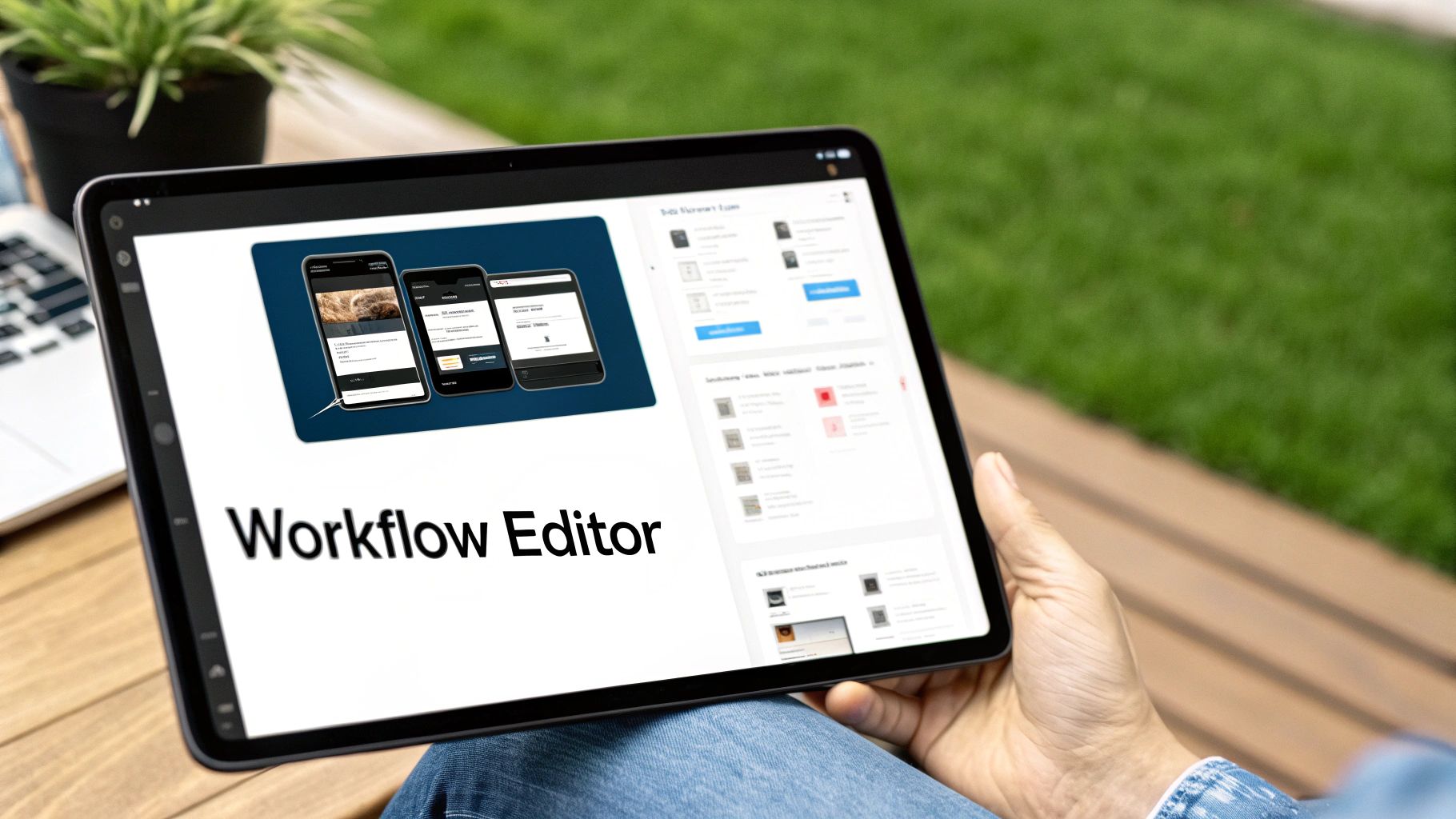 Person using a tablet with 'Workflow Editor' app, showing mobile phone interfaces outdoors.