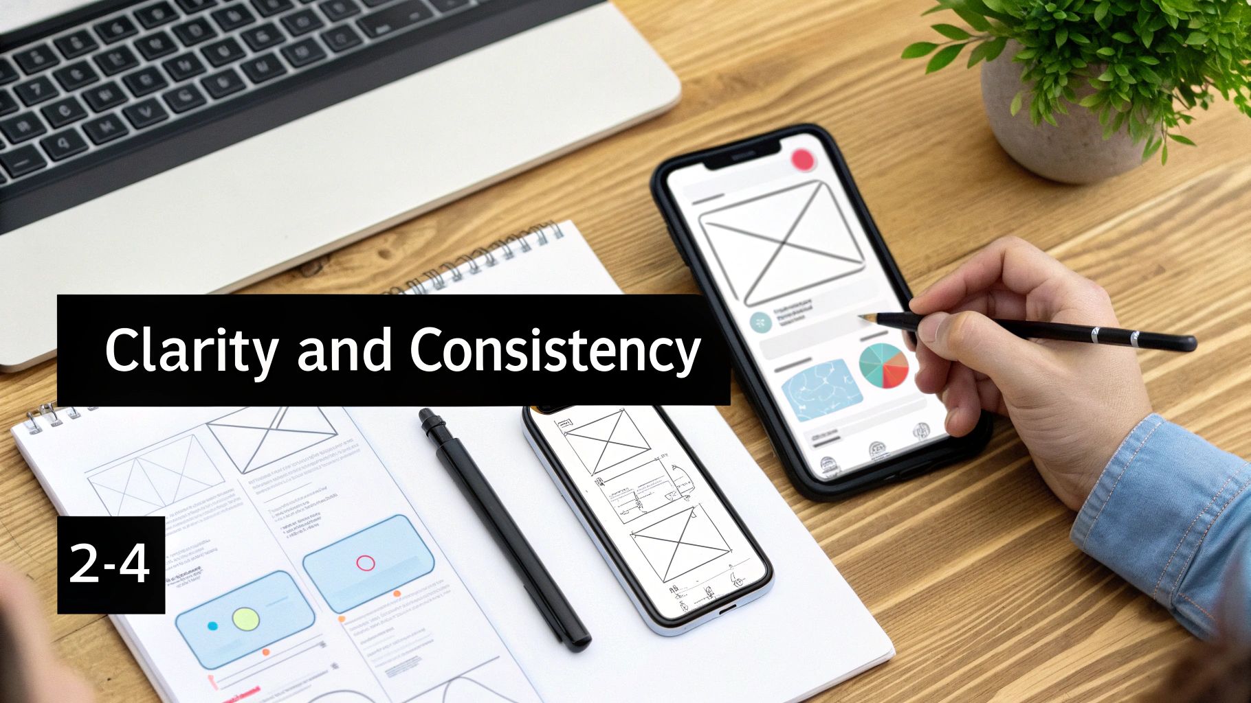 A person designs a mobile application interface on a smartphone with a stylus, surrounded by design sketches and a laptop.