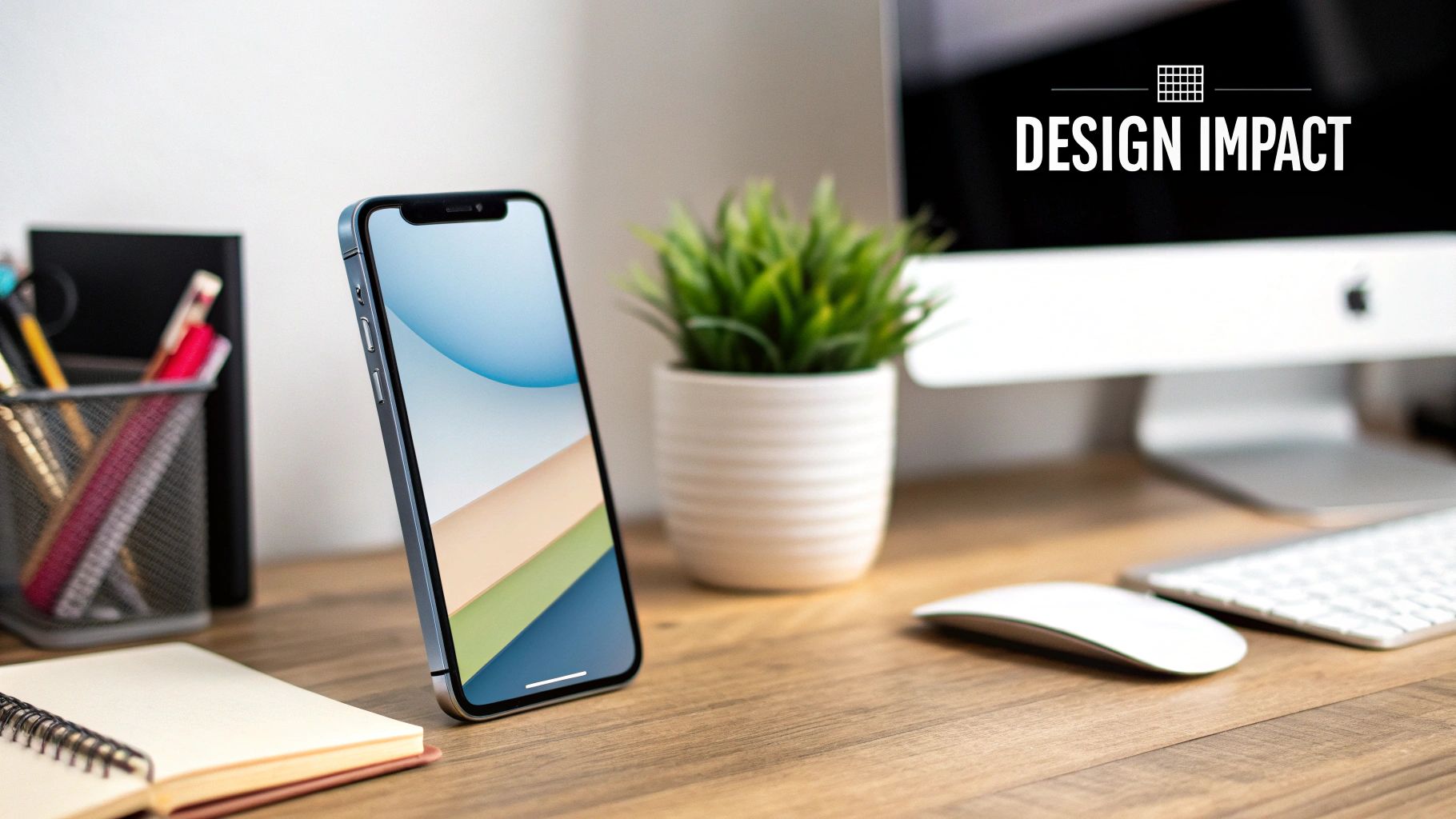 A stylish desk setup featuring an iPhone with a gradient wallpaper, a plant, and an Apple iMac displaying 'DESIGN IMPACT'.