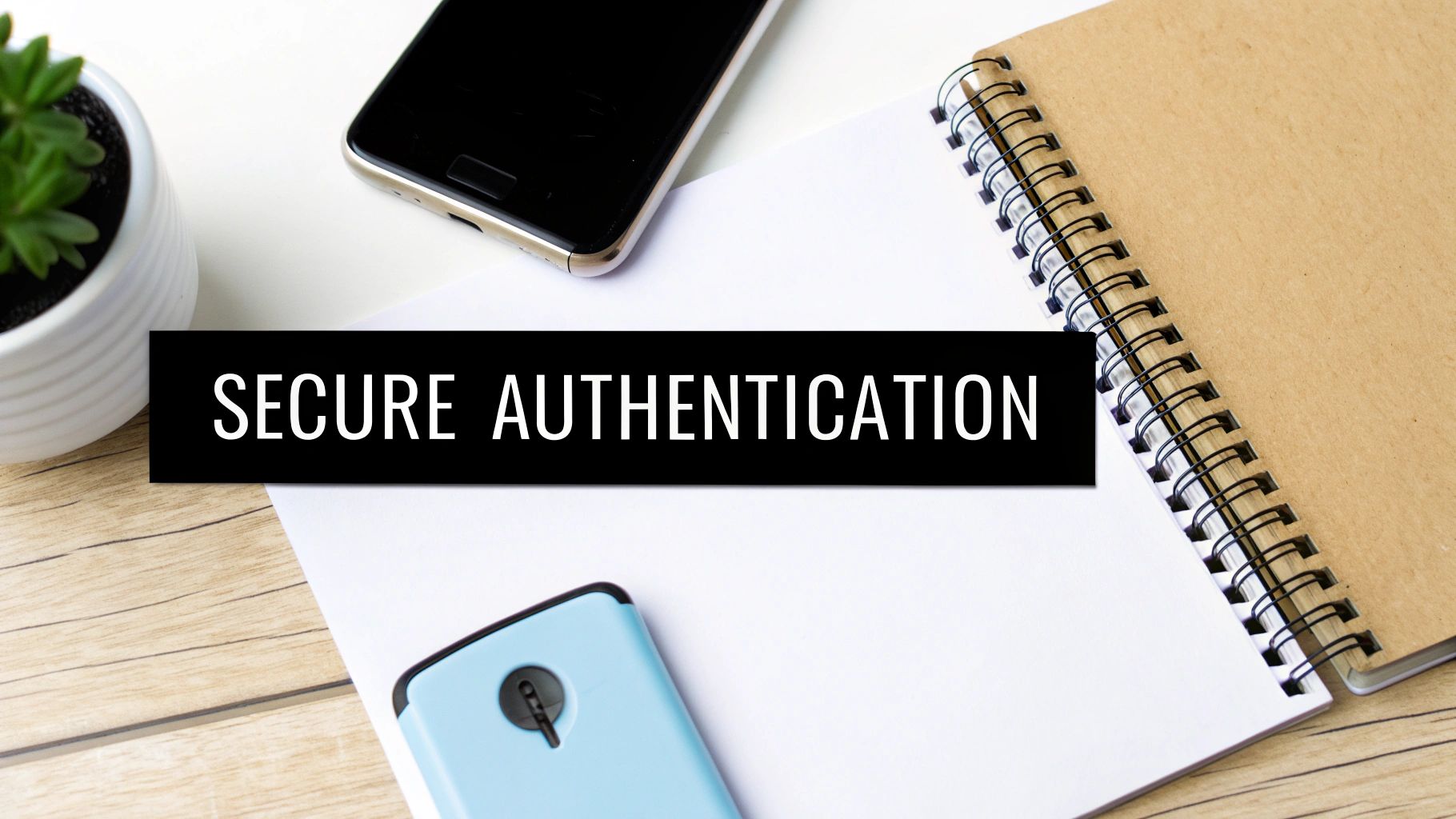 Text 'SECURE AUTHENTICATION' on a black banner, displayed over a desk with a phone and notebook.
