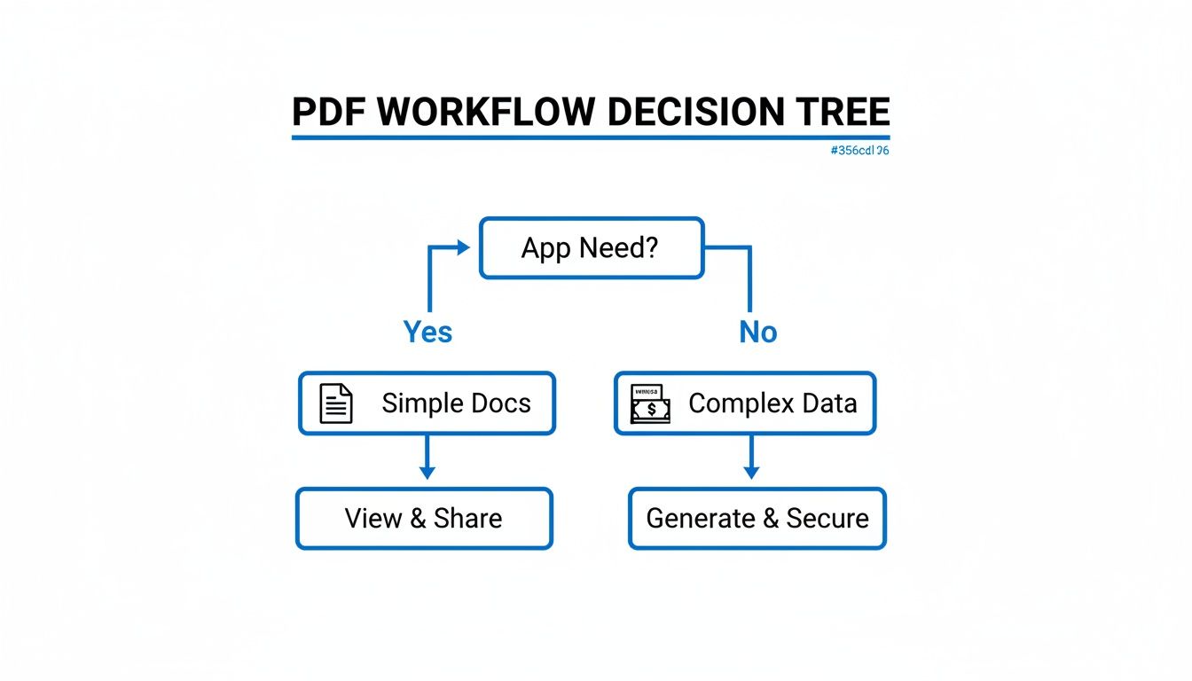 A decision tree flowchart outlines a PDF workflow, guiding choices based on app needs for simple or complex data.