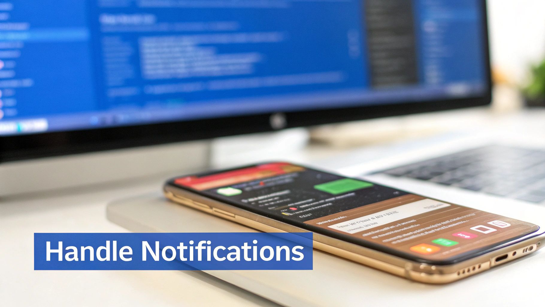 A smartphone displaying notifications on a white desk, with a blurred computer monitor in the background showing code.