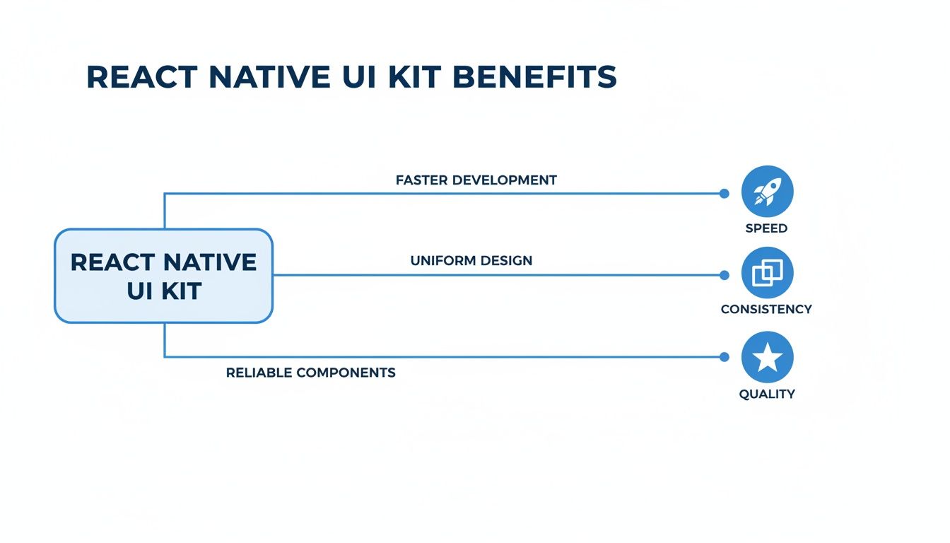Diagram illustrating the benefits of React Native UI Kit: speed, consistency, and quality.