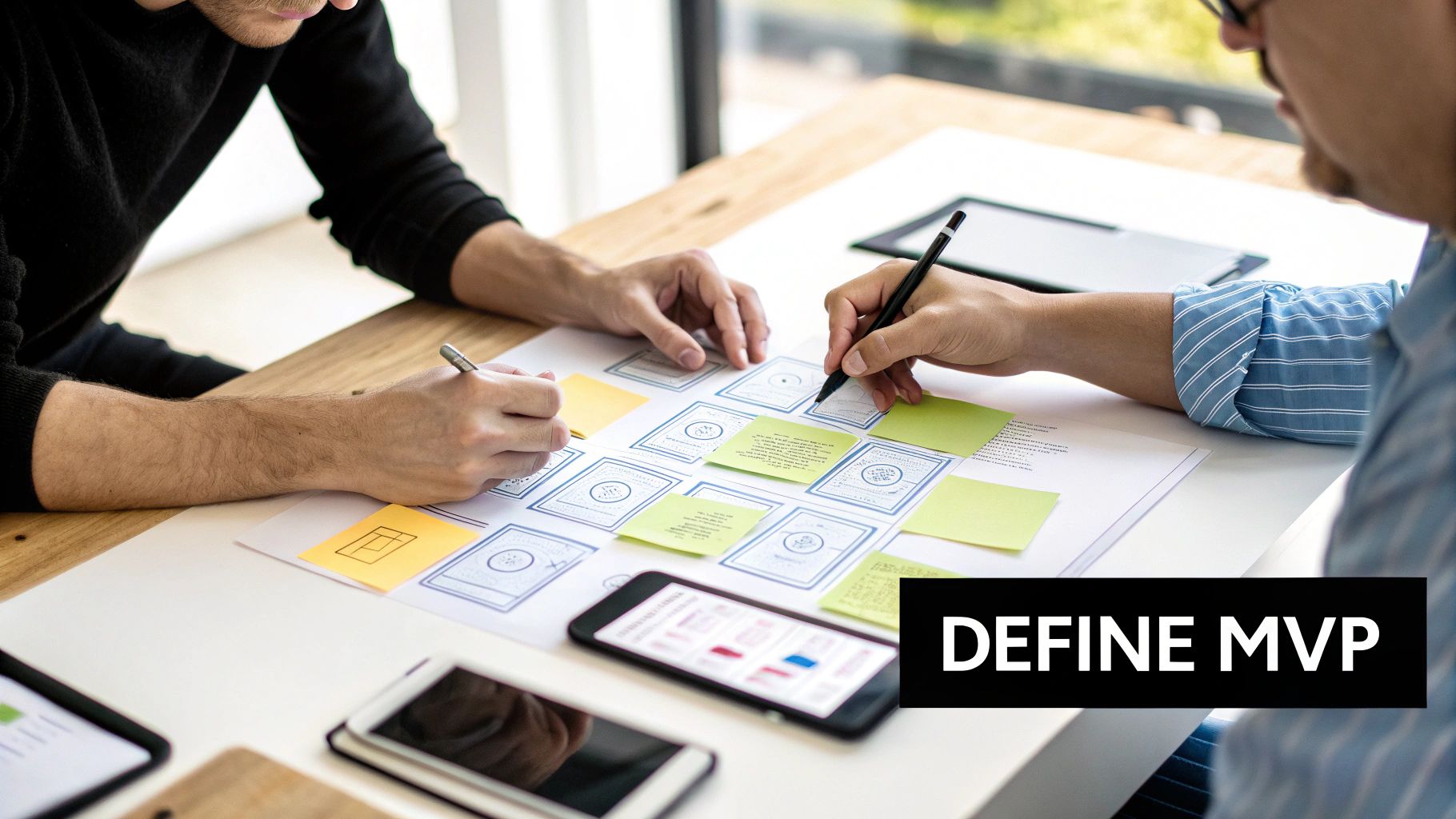 Two people collaborating on app wireframes and sticky notes with mobile devices, defining MVP.