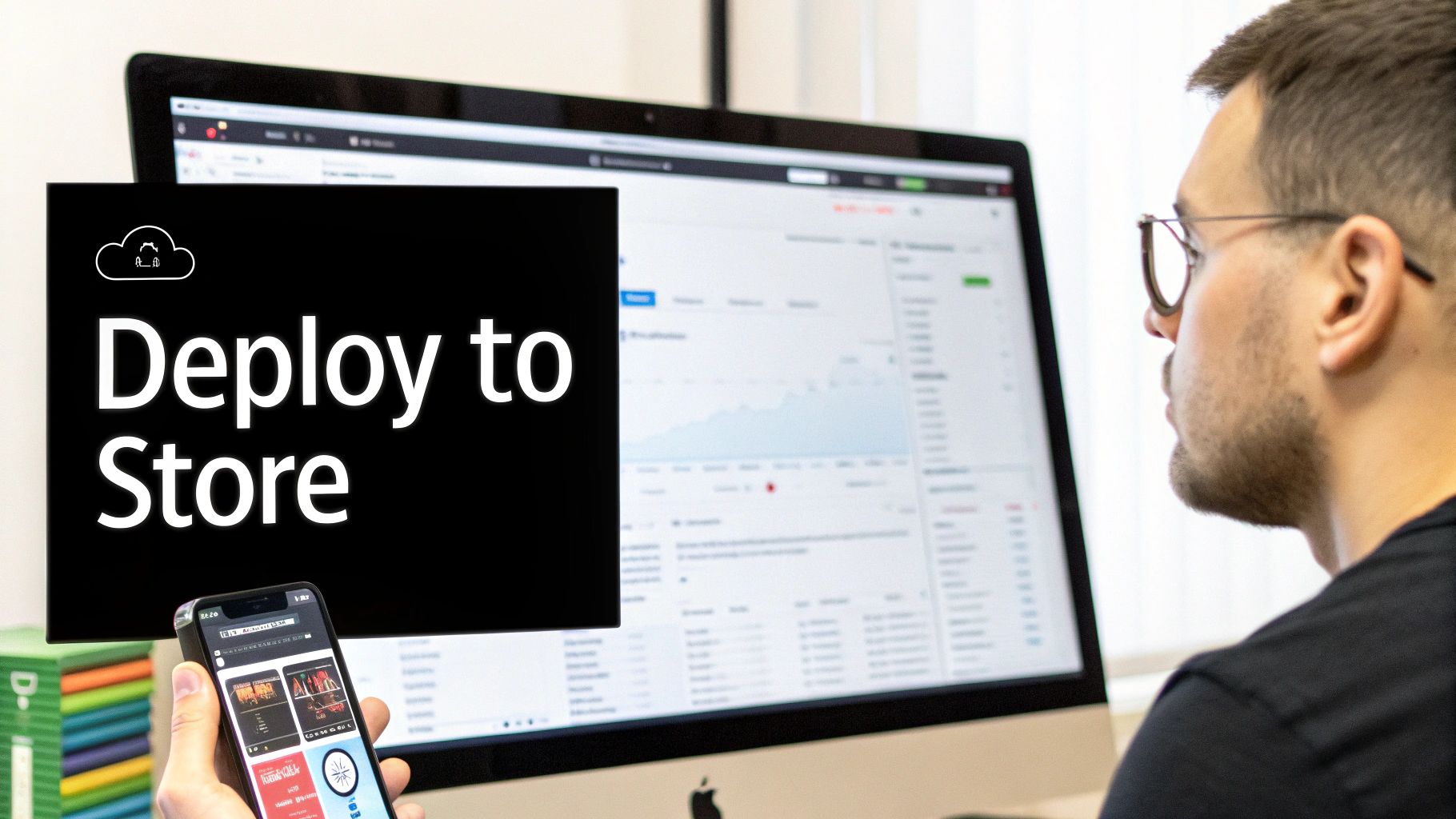 A developer working on a computer, displaying 'Deploy to Store' message, holding a smartphone.