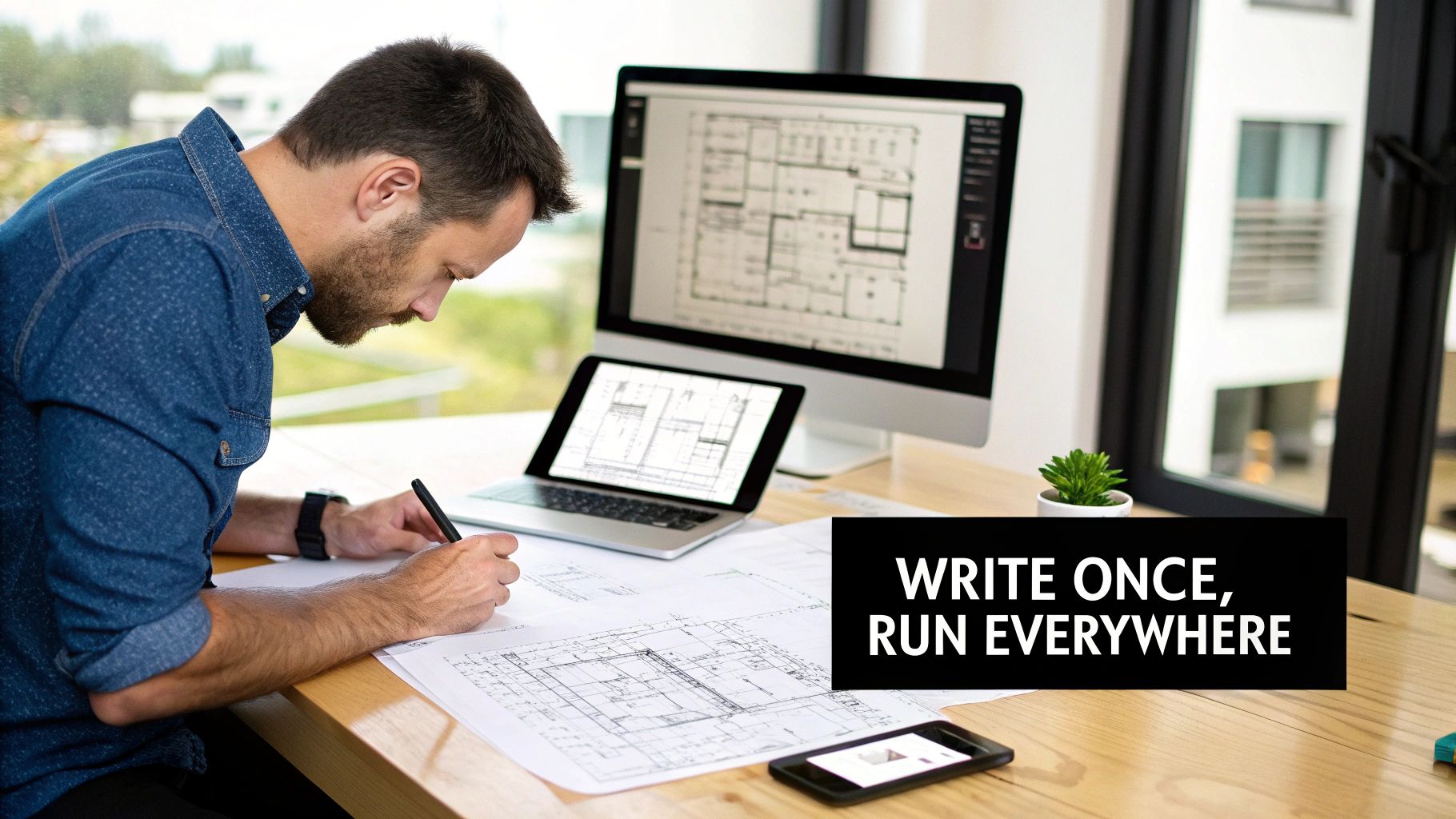 A man works on architectural blueprints at a desk with a laptop and desktop monitor displaying designs.