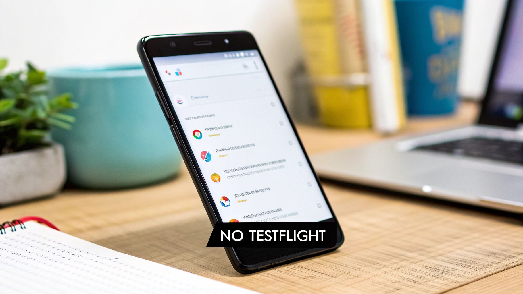A black smartphone displaying an app list on a wooden desk with a 'NO TESTFLIGHT' banner.