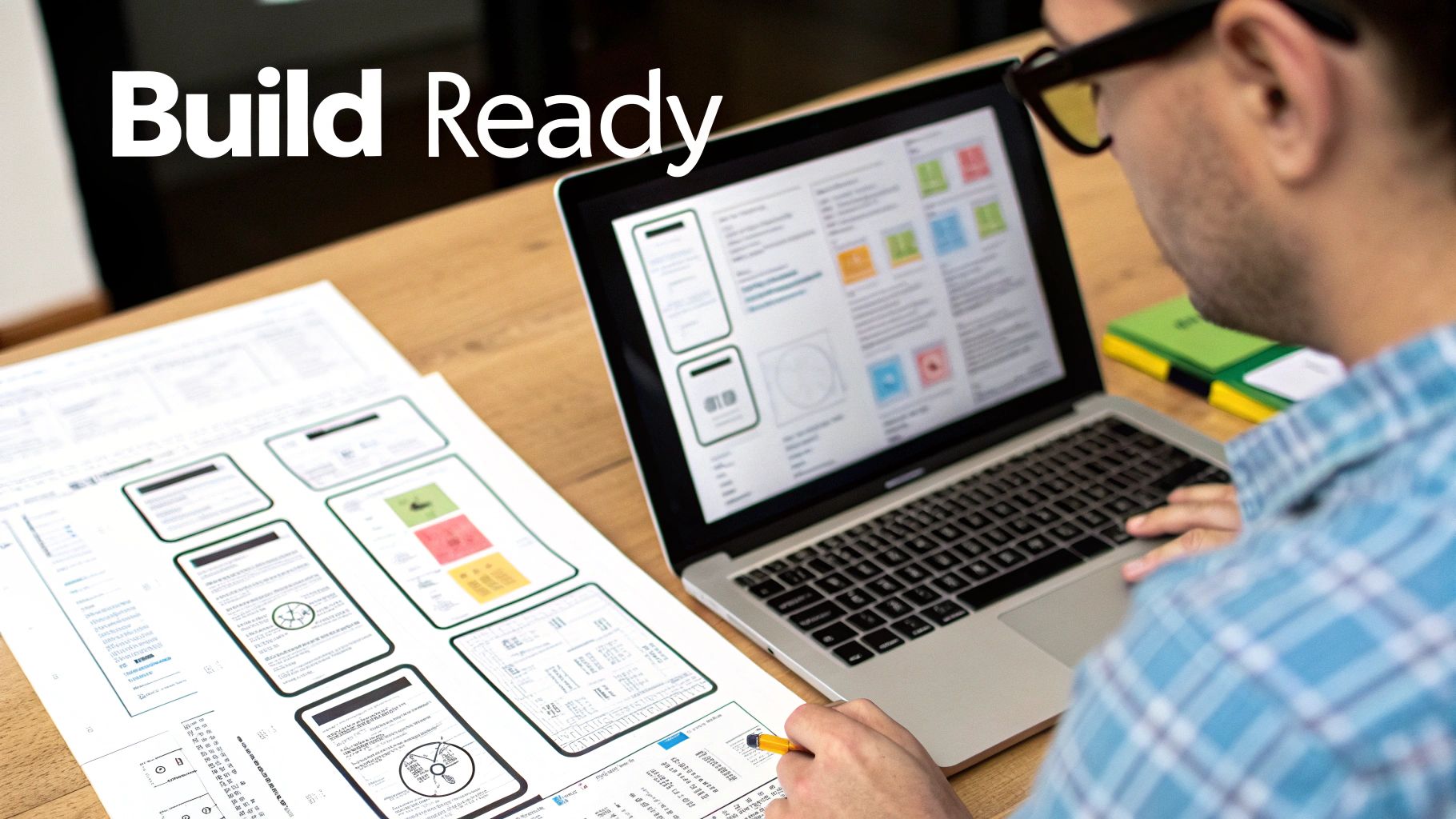 A man wearing glasses works on website wireframes, comparing designs on a laptop and paper.