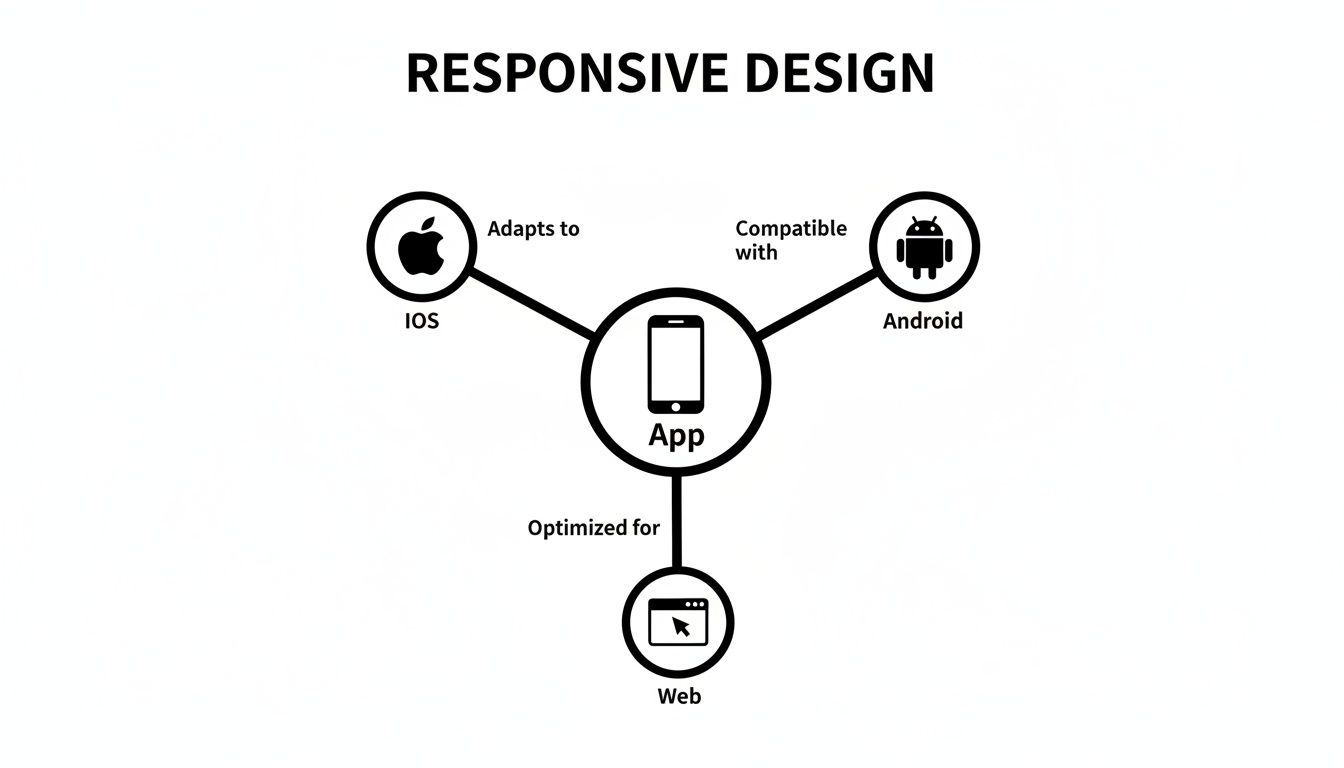 A diagram illustrating responsive design for an app, adapting to iOS, compatible with Android, and optimized for web.