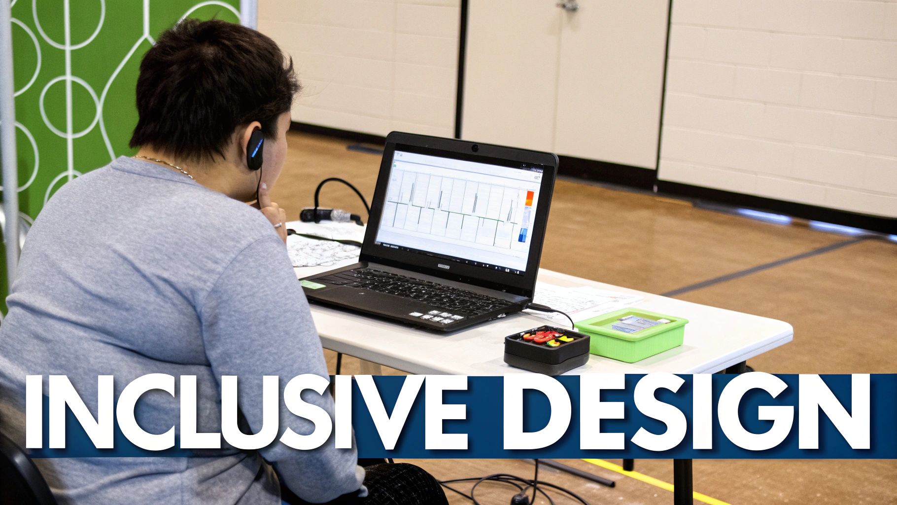 Person with earpiece looking at a laptop displaying data graphs for inclusive design.