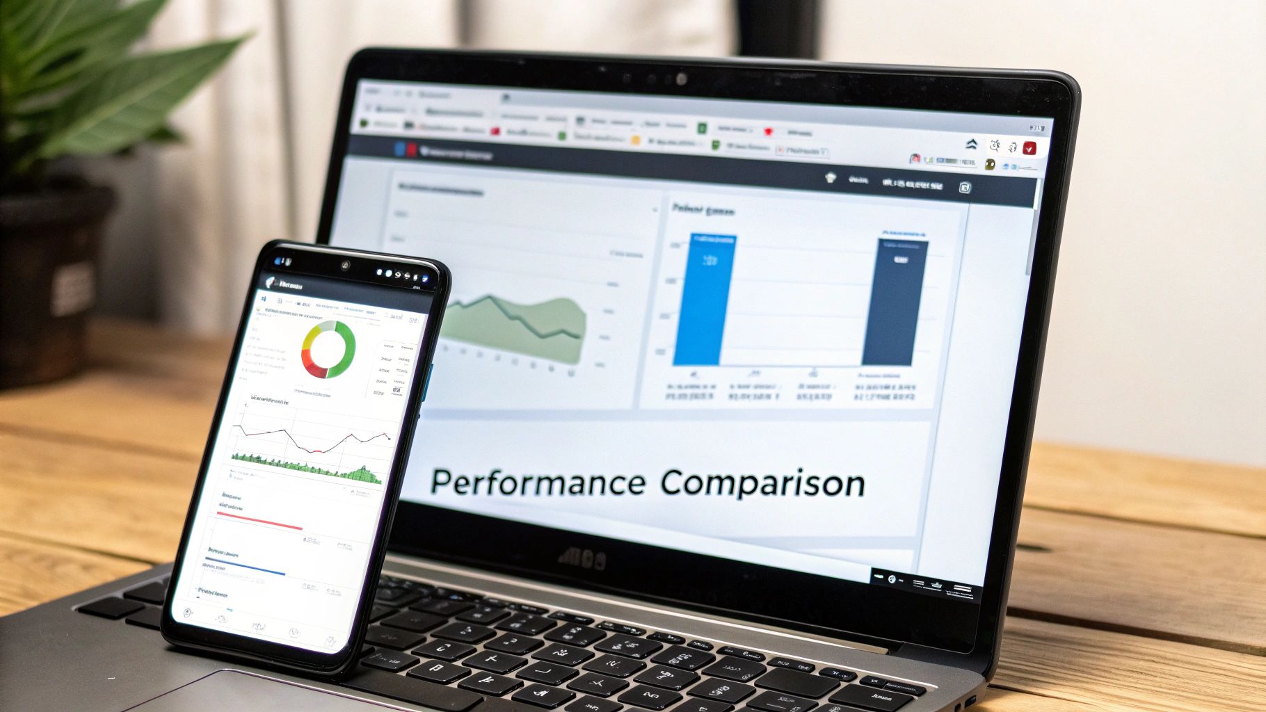 A smartphone on a laptop, both screens showing business data, charts, and performance comparison.