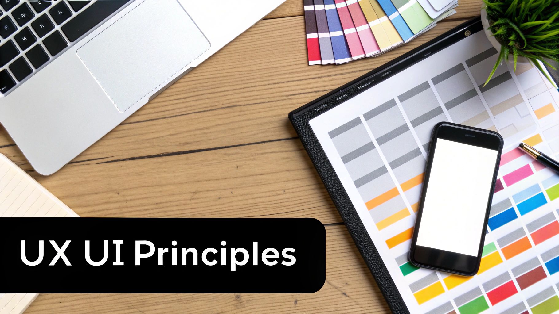 Flat lay of a UX UI design workspace with a laptop, color swatches, phone, and text 'UX UI Principles'.